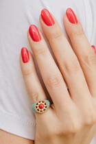 Arabesque Pinky Ring, 18k Gold with Coral & Diamonds