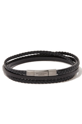 Bracelet/TAT/ Silver/Smooth & Braided Leather /black /Black Rhodium Plated/BrushedFinishClasp/ M