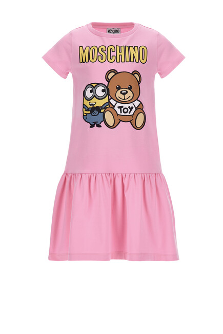 فستان قميص بطبعة موسكينو كيدز x مينينز و الدب تيدي