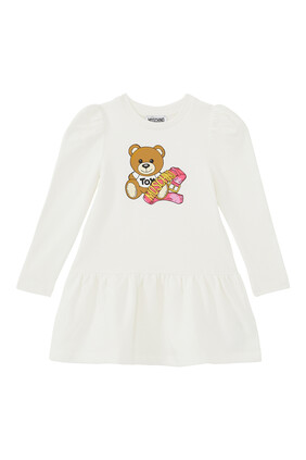 فستان بأكمام طويلة بطبعات الدب تيدي للأطفال