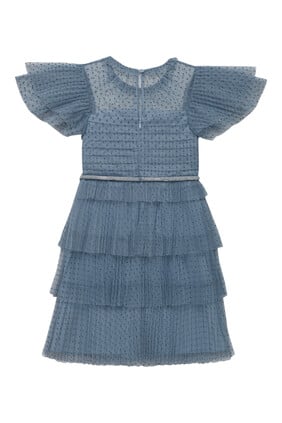 فستان أزرق متوسط الطول للأطفال بحافة قماش شبكي منقط