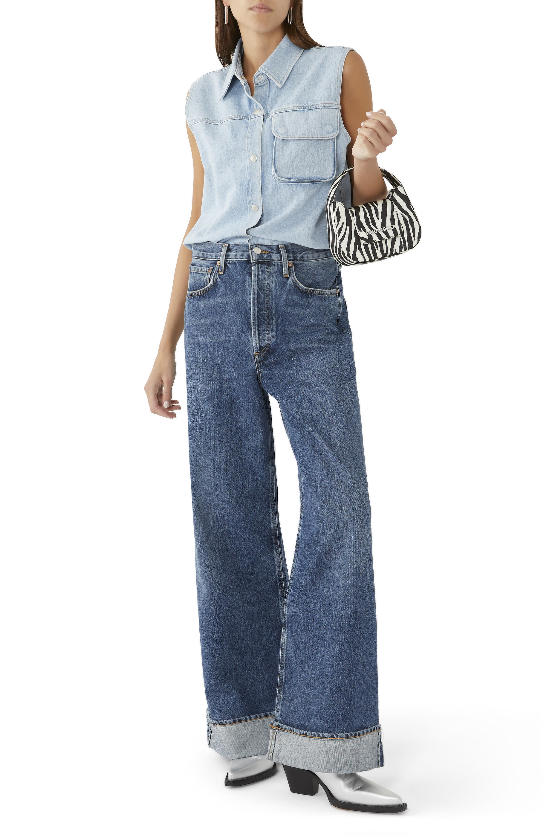 بنطال جينز دام بقصة ساق واسعة