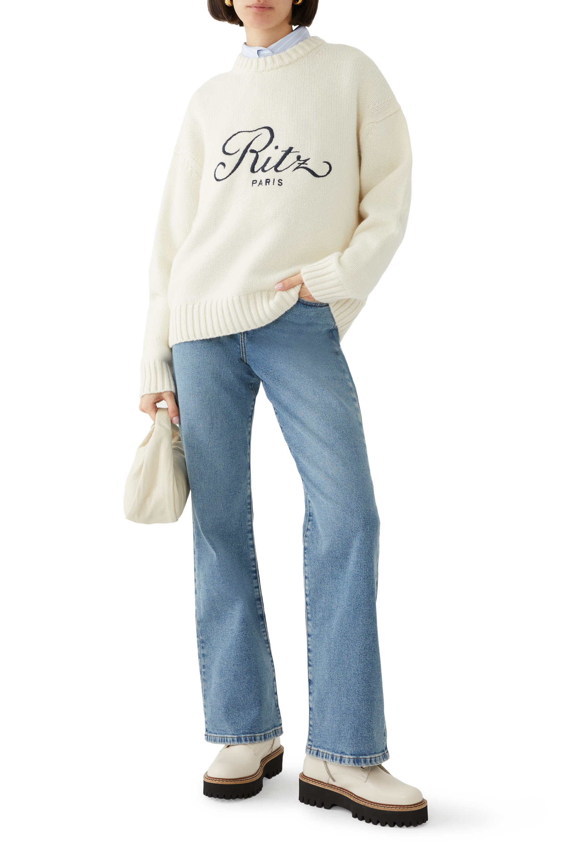 بنطال جينز فرح مطاطي بحافة واسعة وخصر مرتفع