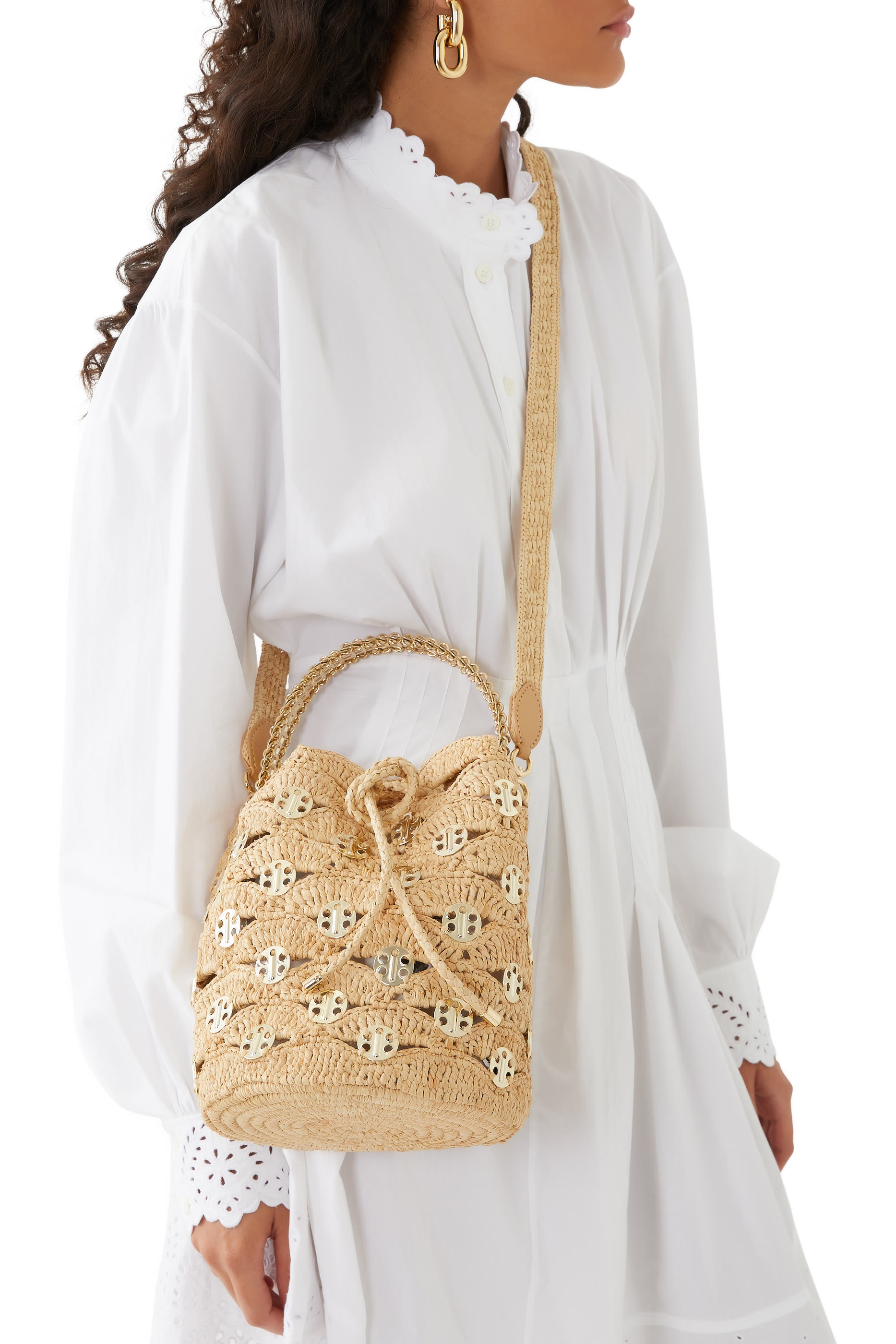 New Raphia Wave Bucket Bag With Signature 1969 Discs