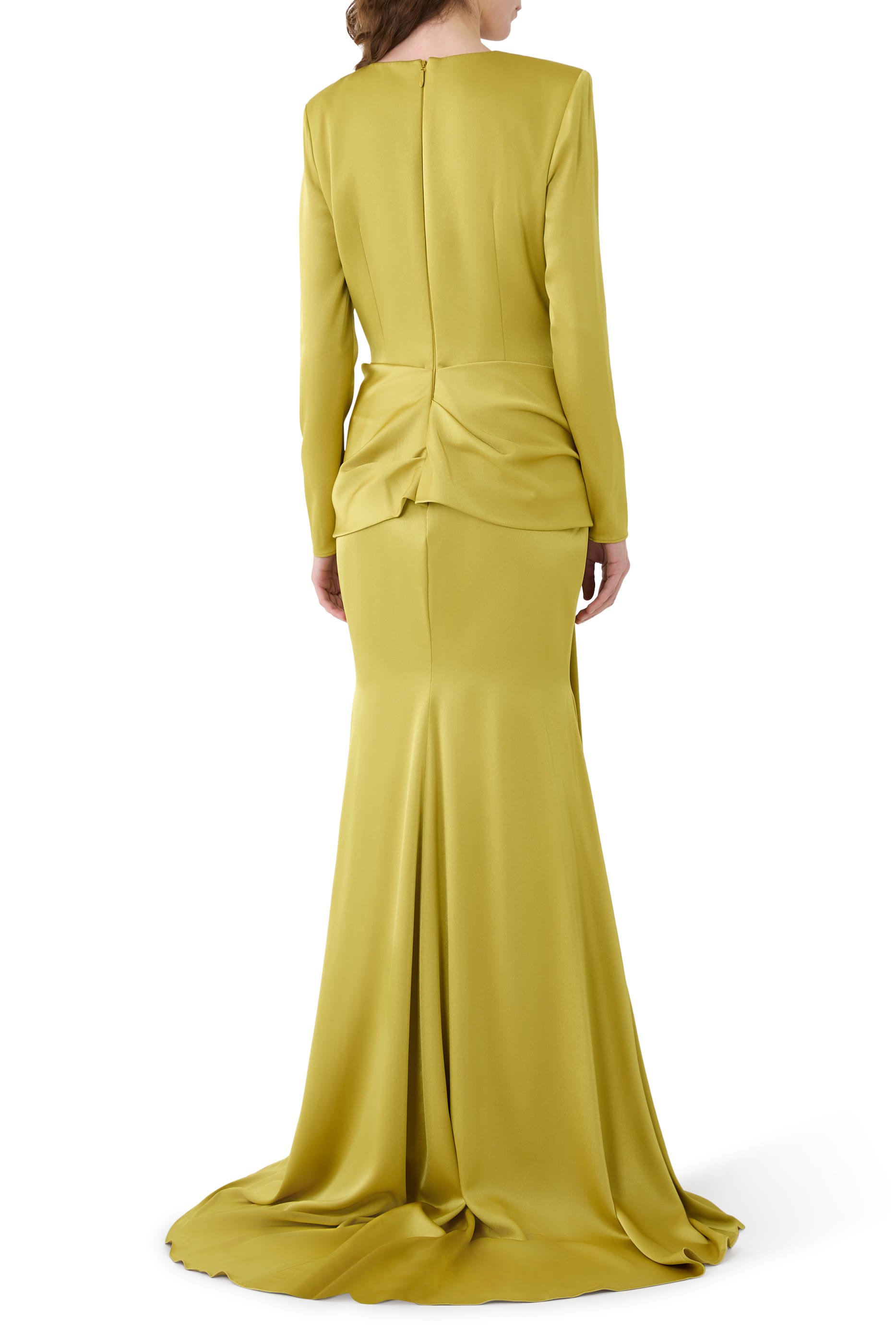 فستان سهرة بأكمام طويلة ورباط وتفاصيل درابيه