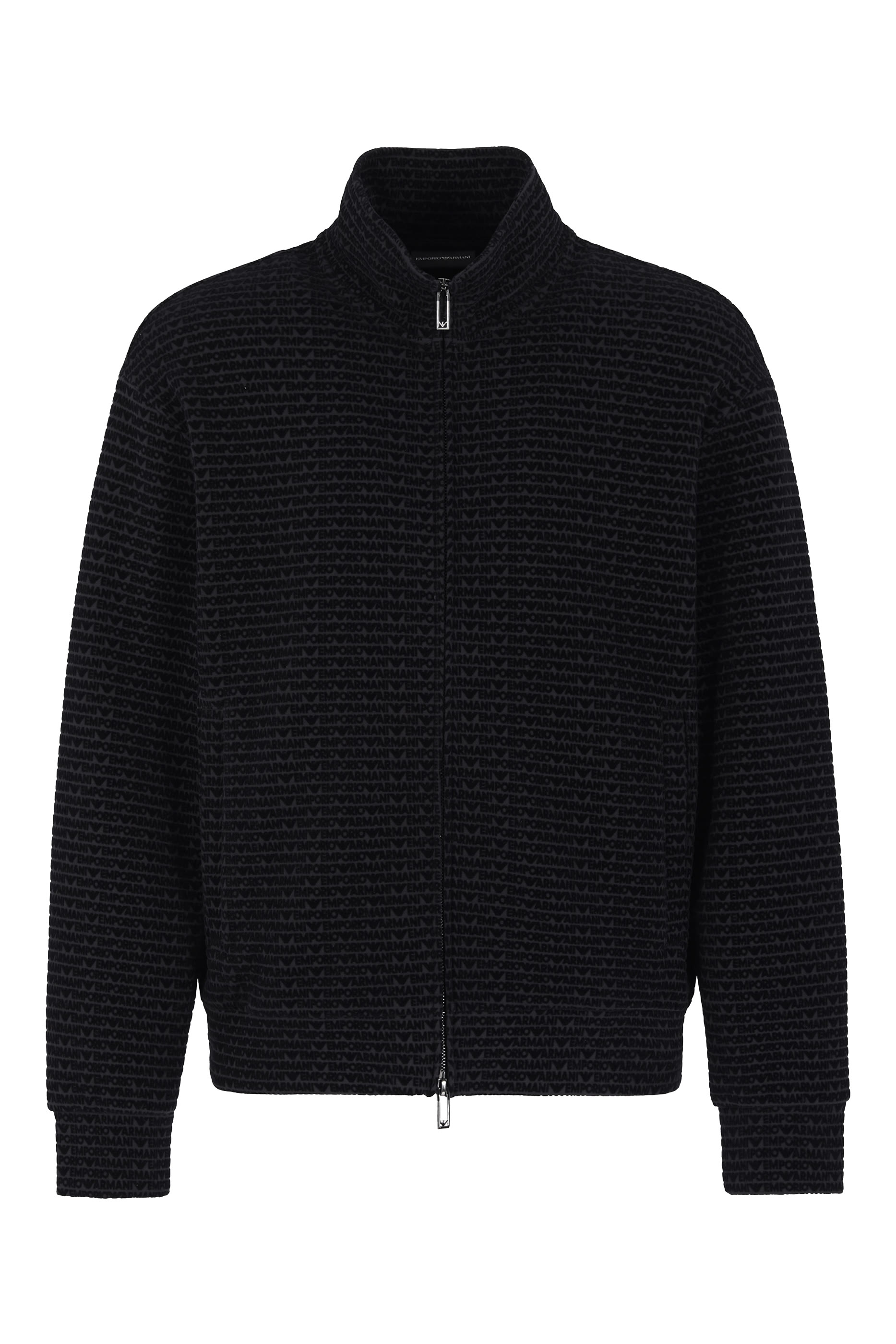 سويت شيرت بسحاب كامل ونقشة شعار الماركة بملمس بارز بالكامل جرسيه