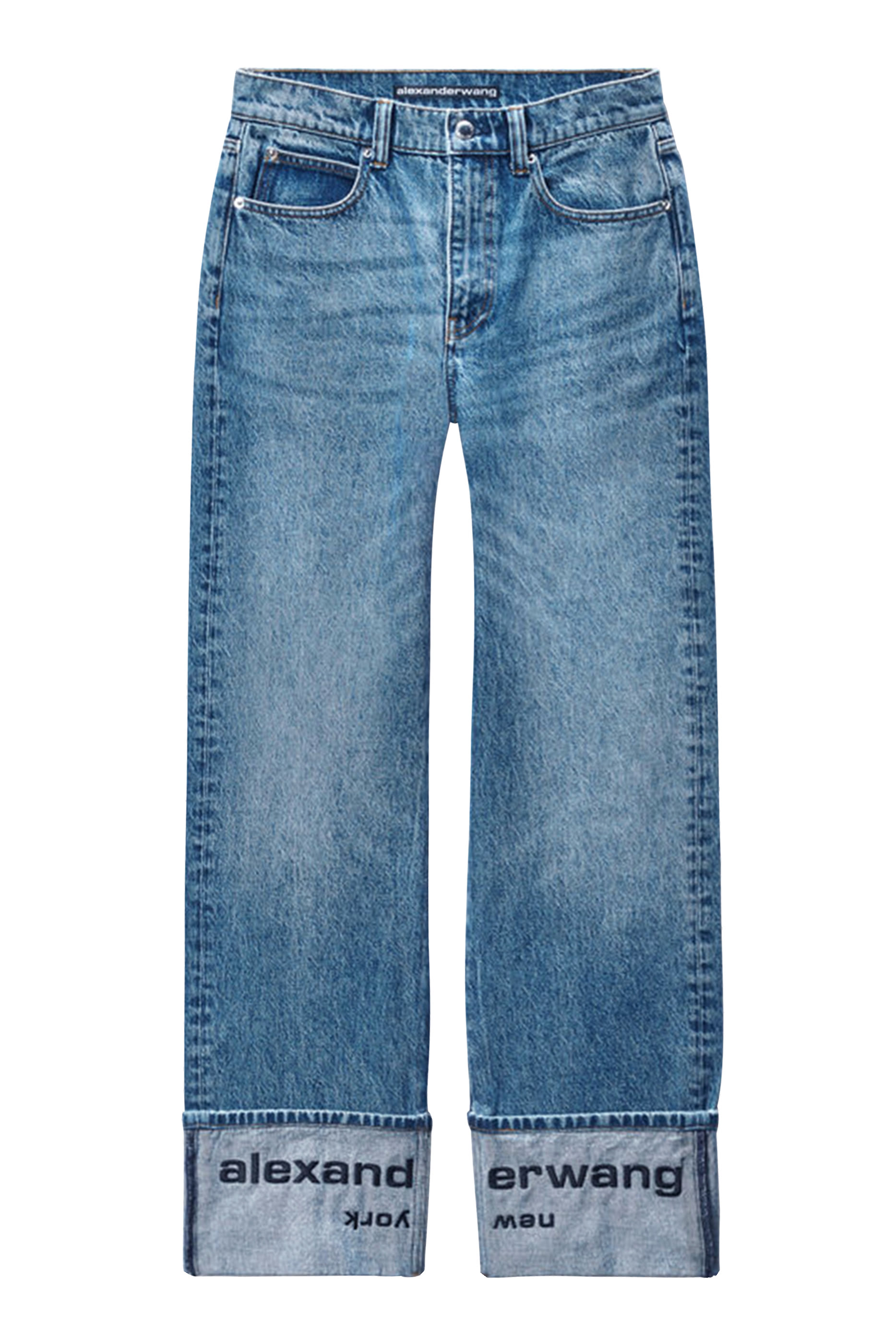 بنطال جينز بخصر متوسط الارتفاع وتطريز شعار الماركة