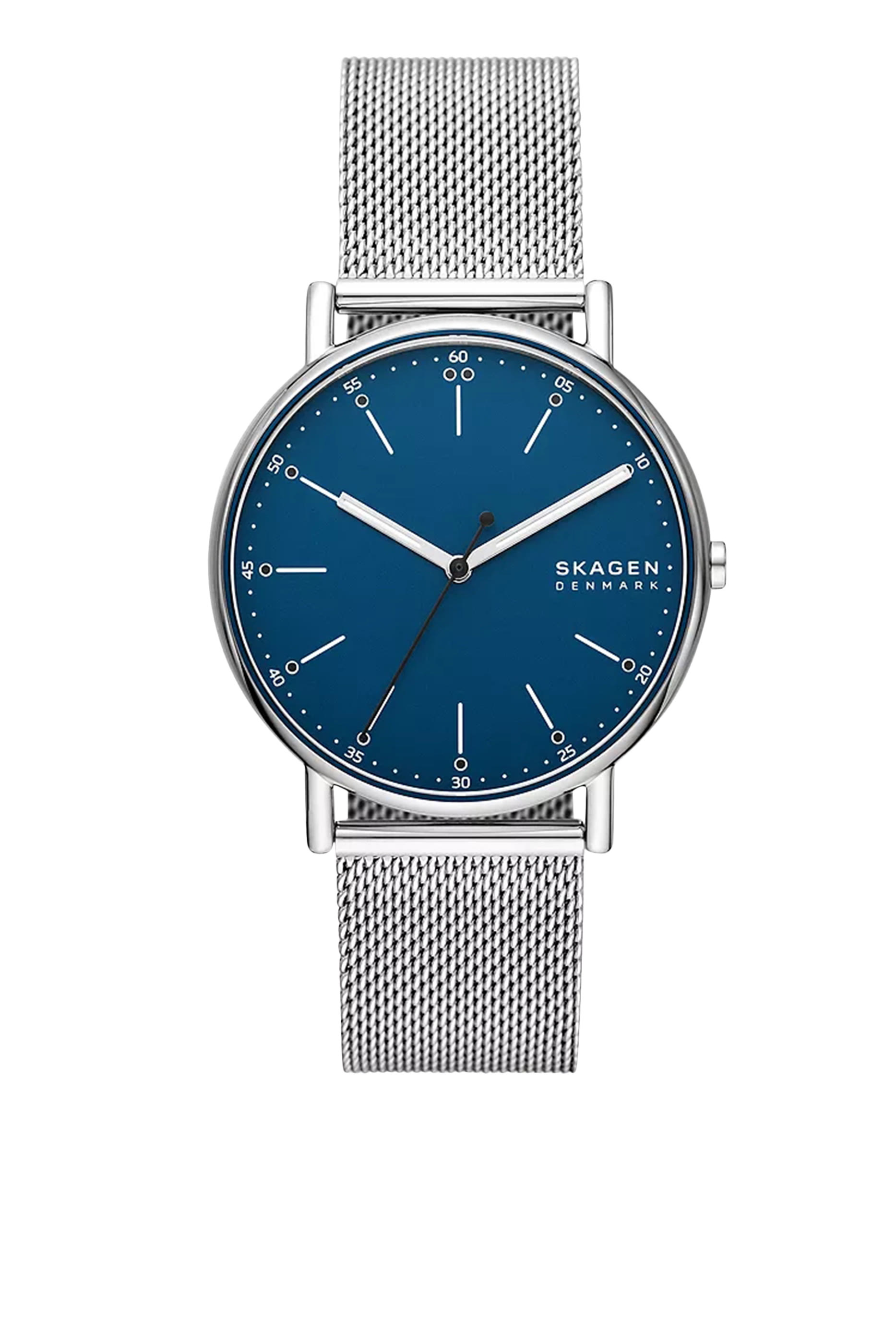 ساعة ستانلس ستيل بشعار الماركة وثلاث عقارب وسوار شبكي