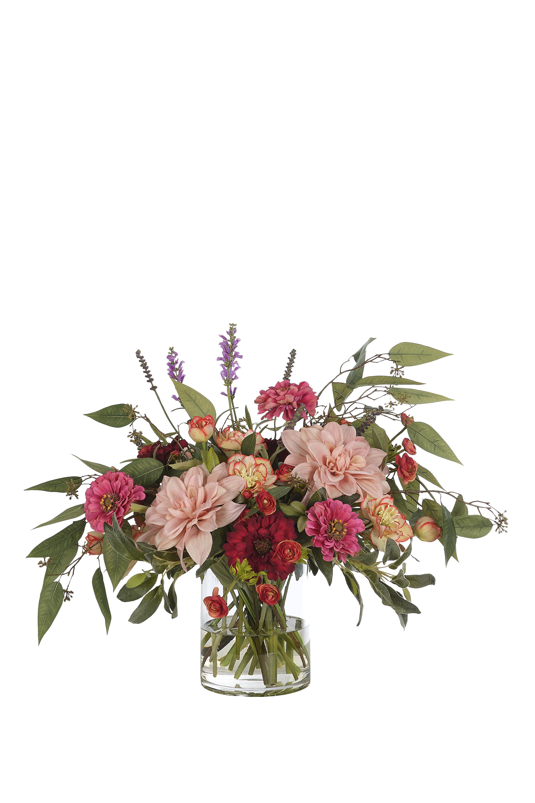 باقة زهور داليا و حوذان في مزهرية زجاجية