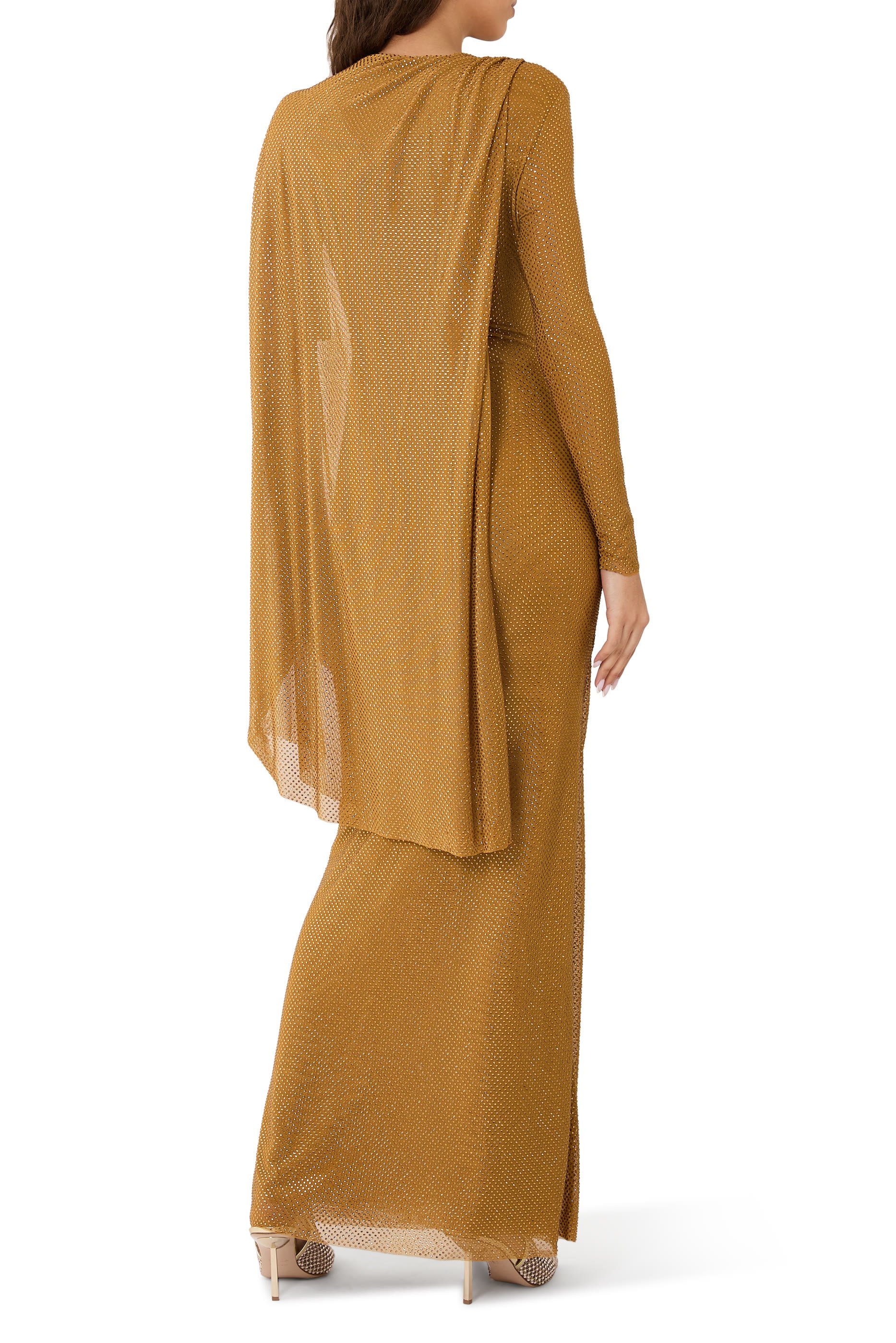 فستان طويل درابيه مرصع بأحجار الراين