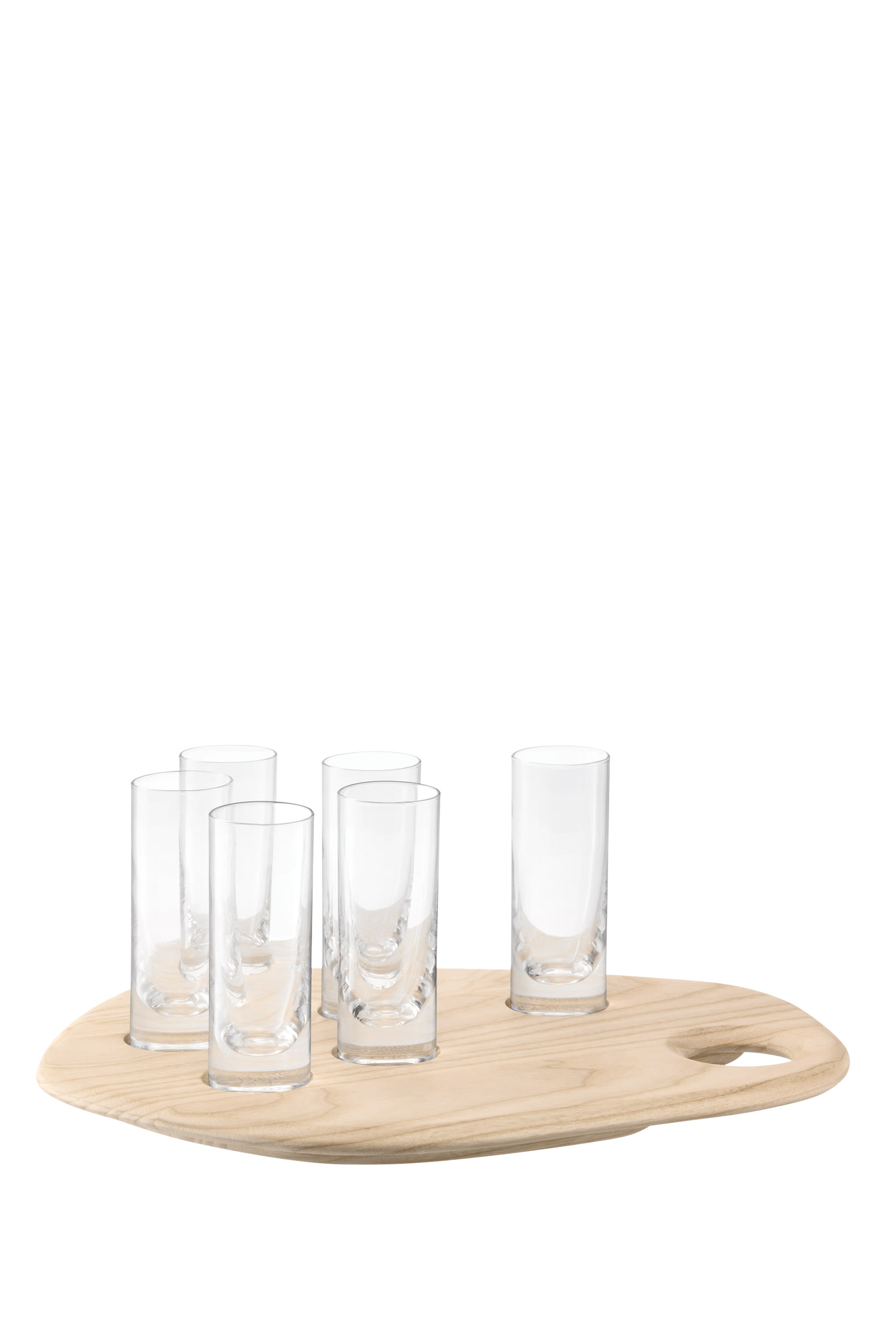 طقم كاسات شوت شفافة ولوح خشبي