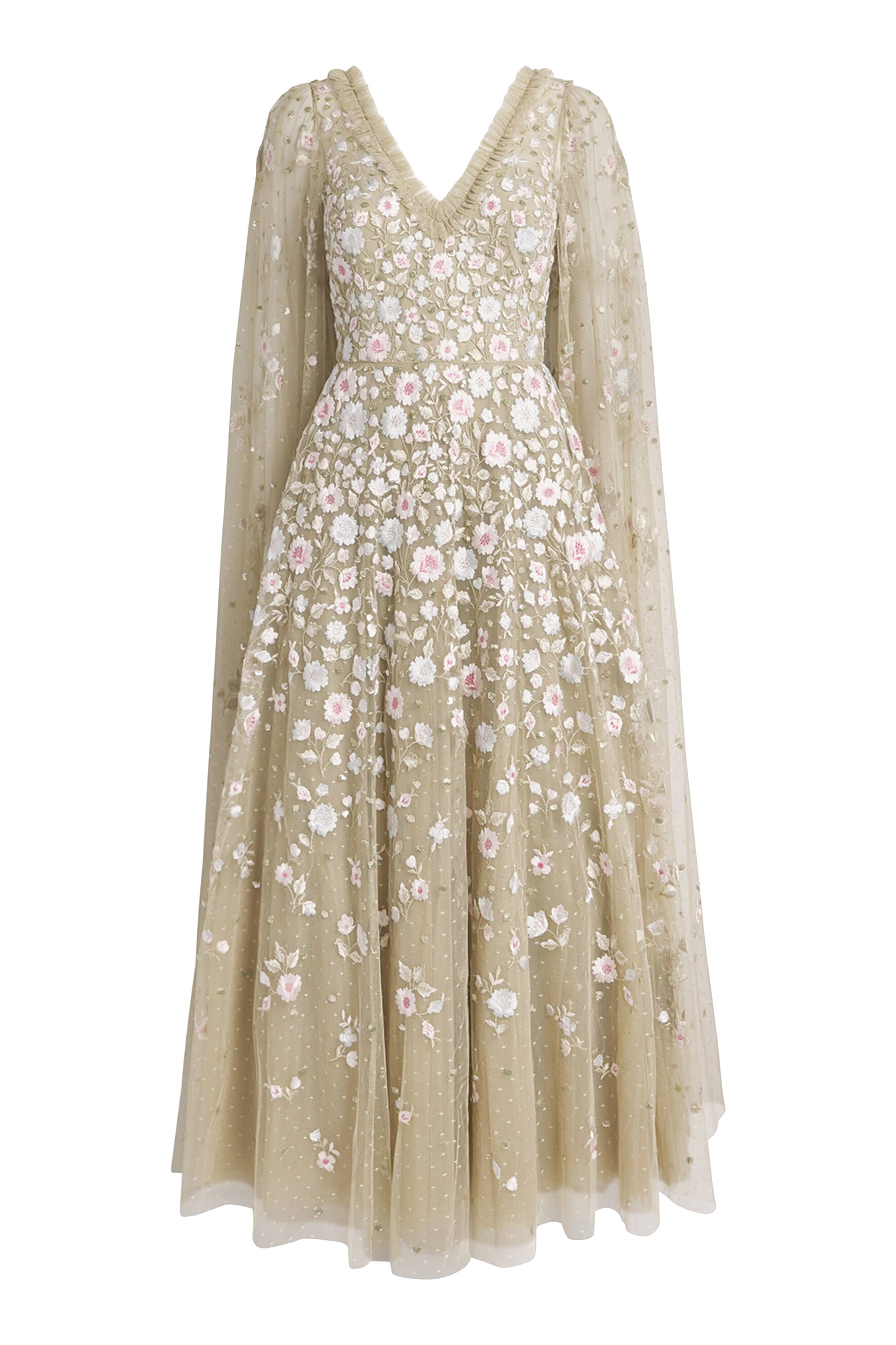 فستان ايثيريال طويل بأكمام بنمط كاب ومطرز بزهور 