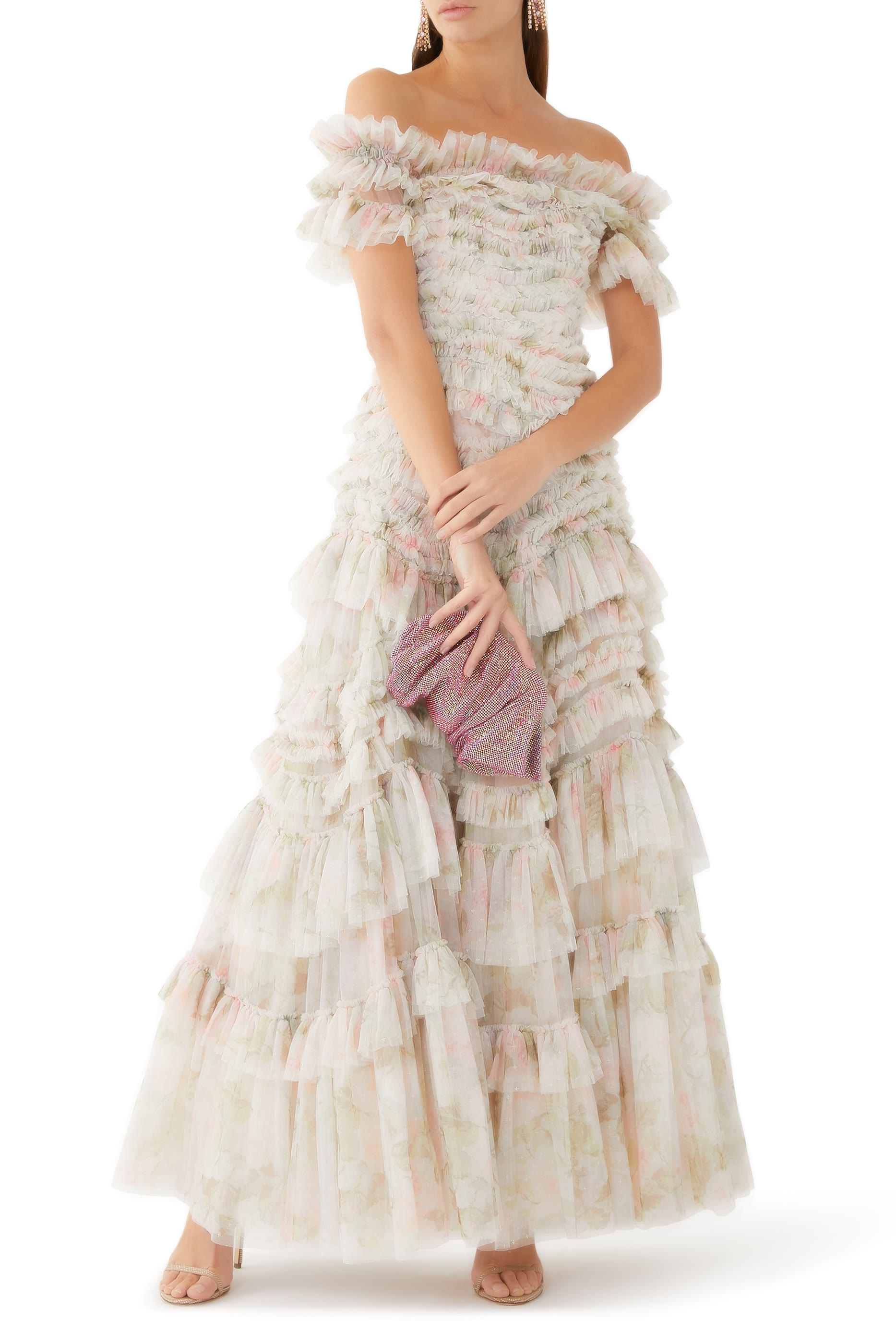 فستان سهرة روز بأكتاف مكشوفة