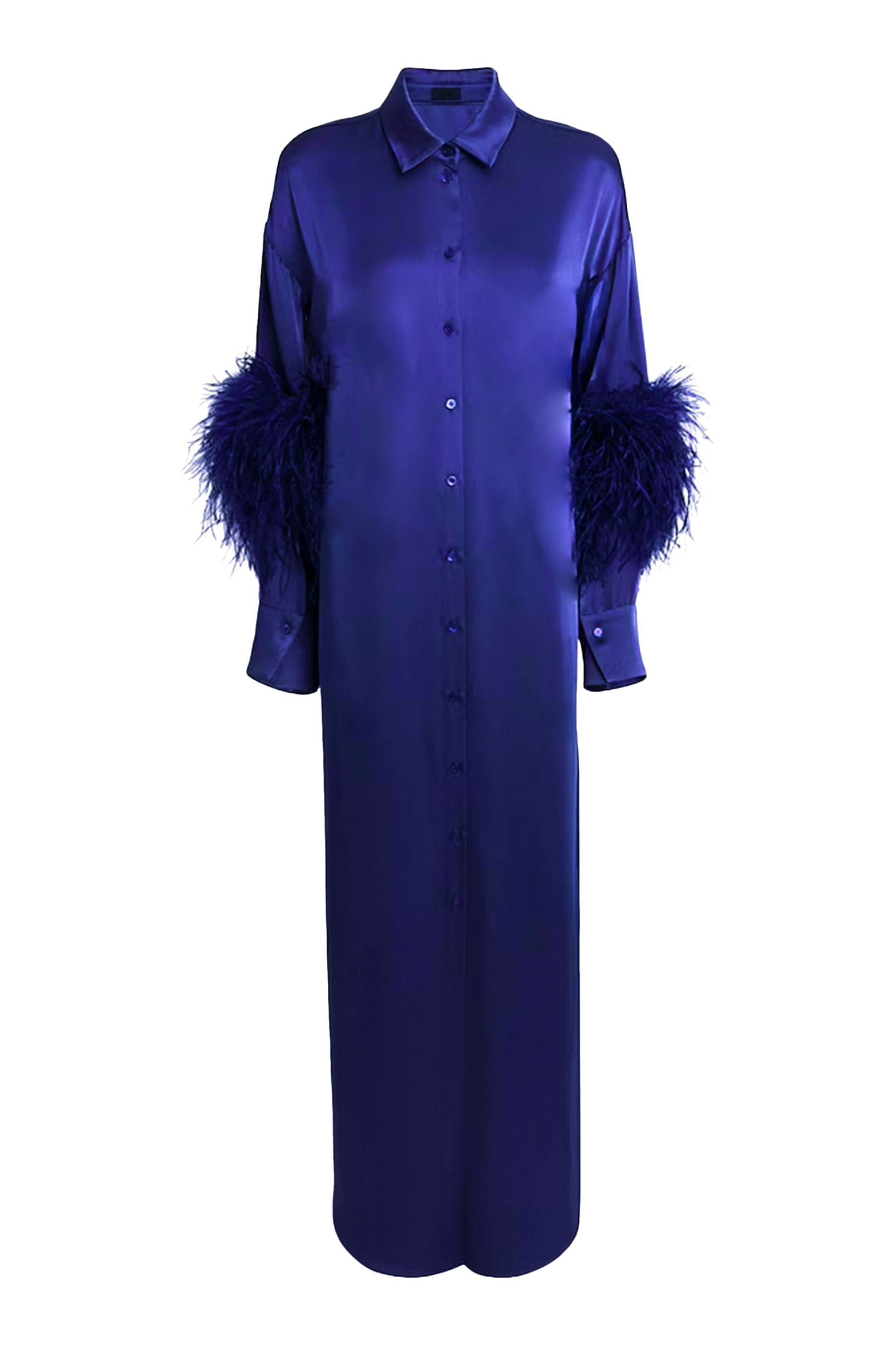 فستان طويل بأزرار وريش ستان