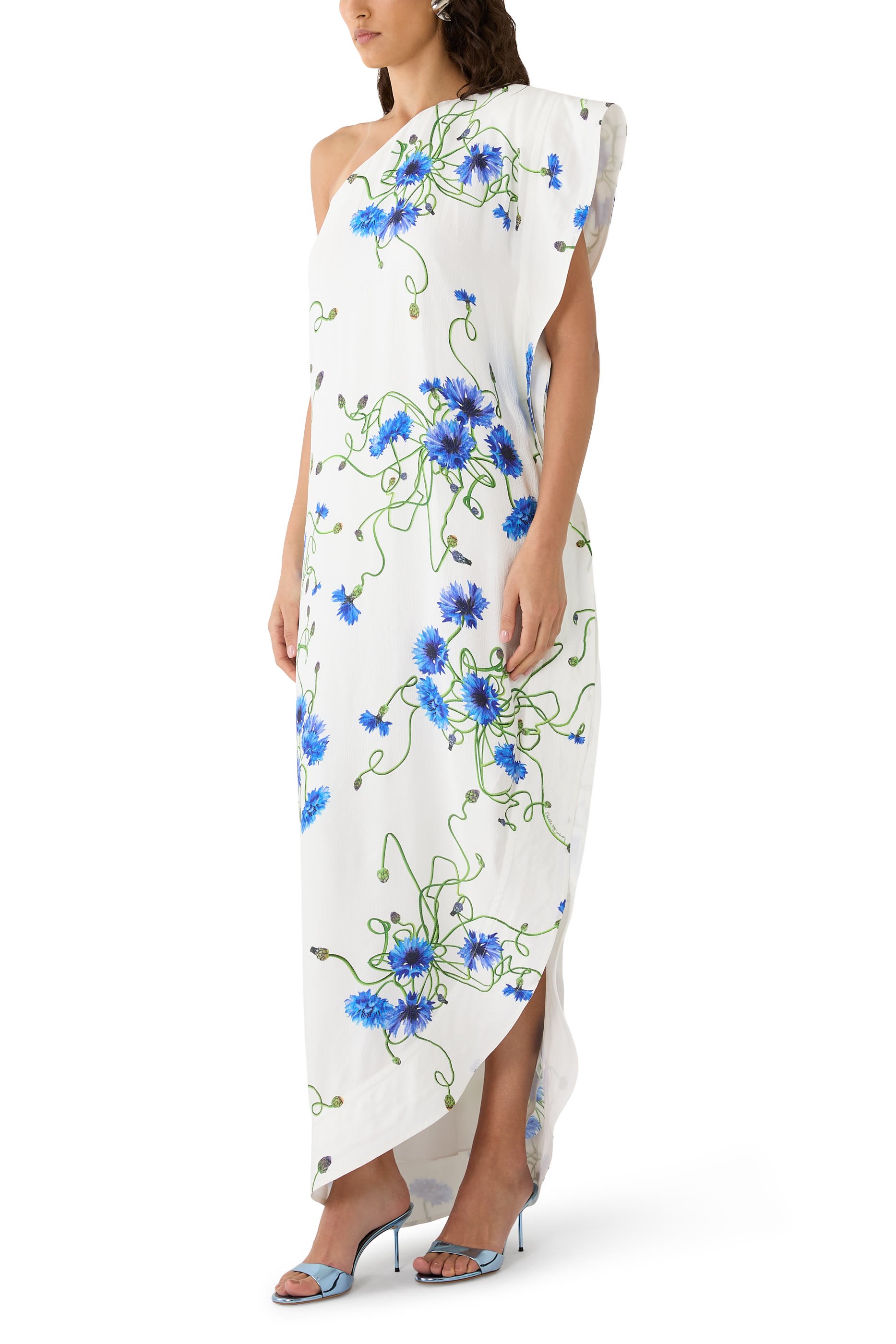 فستان كوكتيل بطبعة أزهار بتصميم غير متماثل حرير