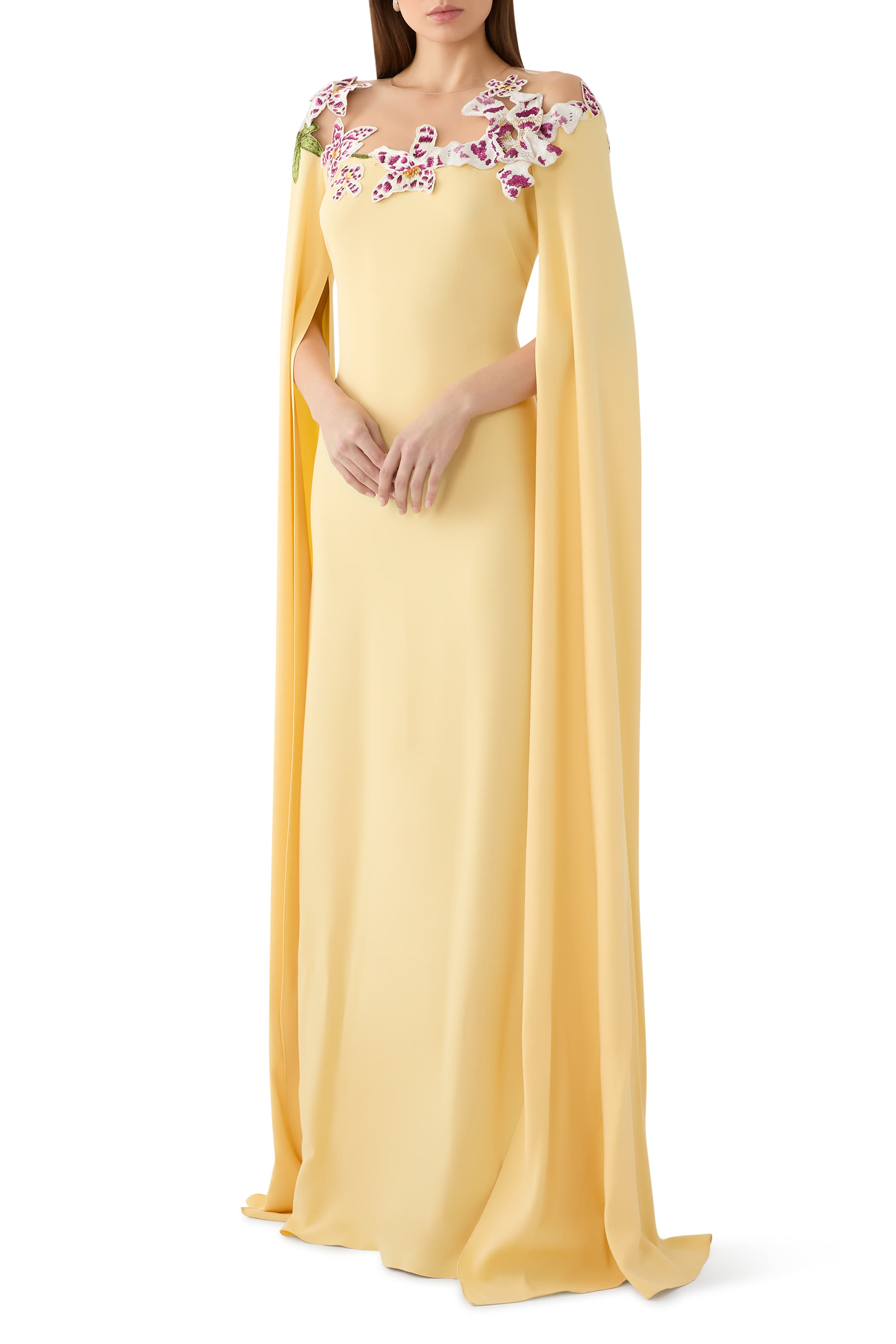 قفطان بياقة مزينة بنقشة ألوان مائية لزهور أوركيد