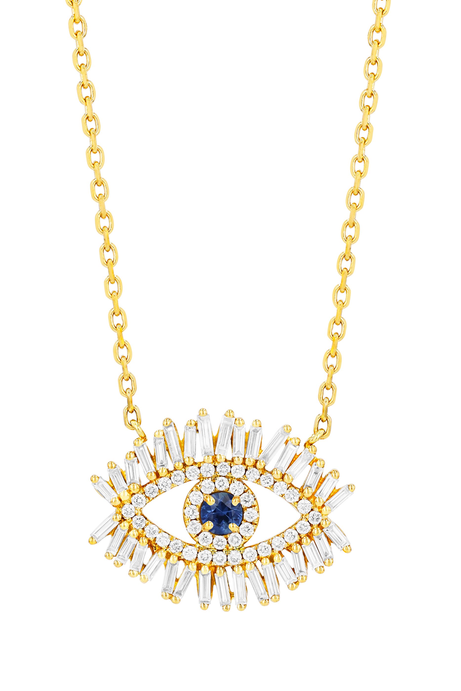 قلادة بدلاية متوسطة بتصميم عين الحسد مرصعة بالماس والياقوت ذهب أصفر عيار 18