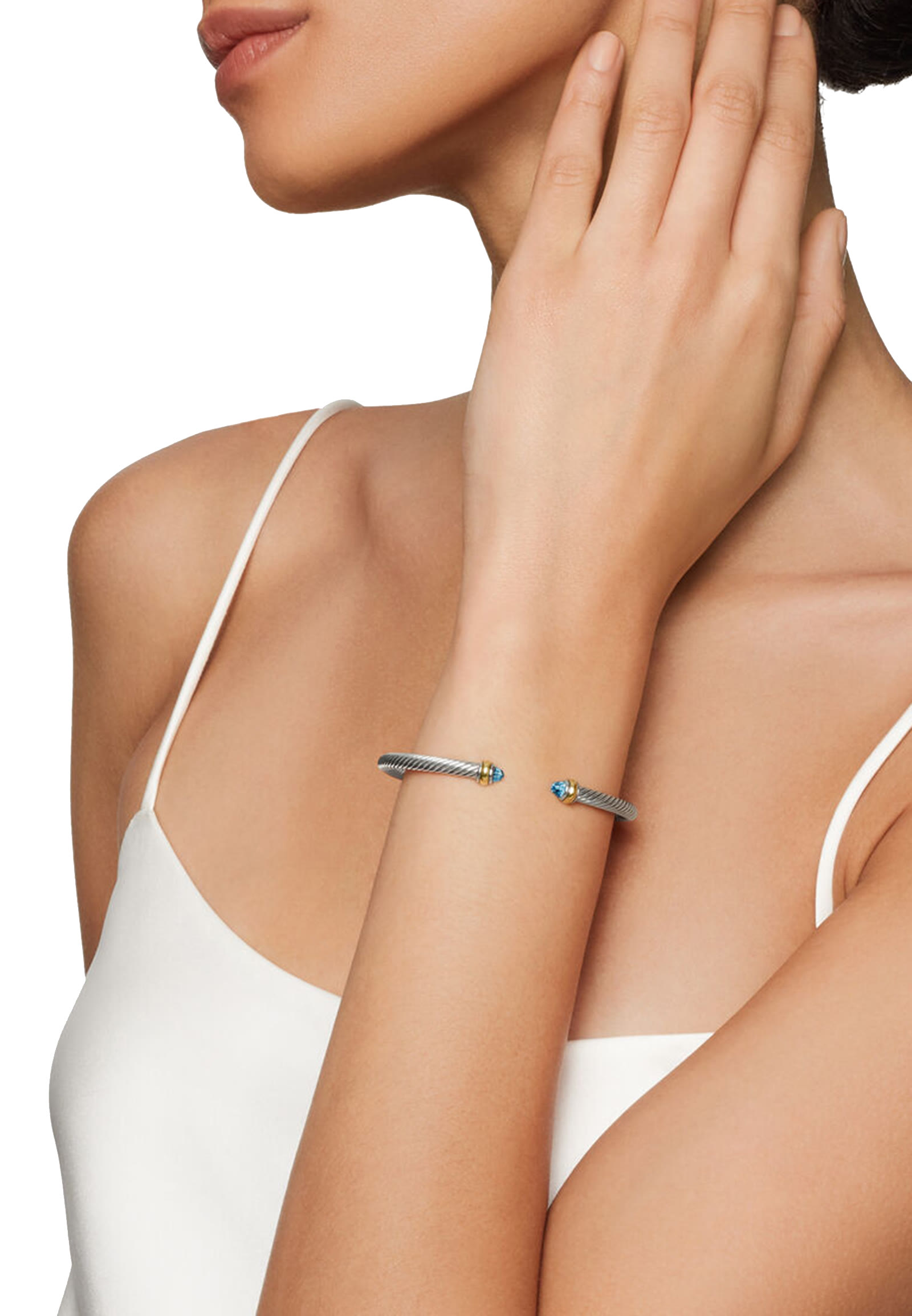 سوار كلاسيكي بتصميم كابل مرصع بالتوباز الأزرق فضة إسترلينية وذهب أصفر عيار 18