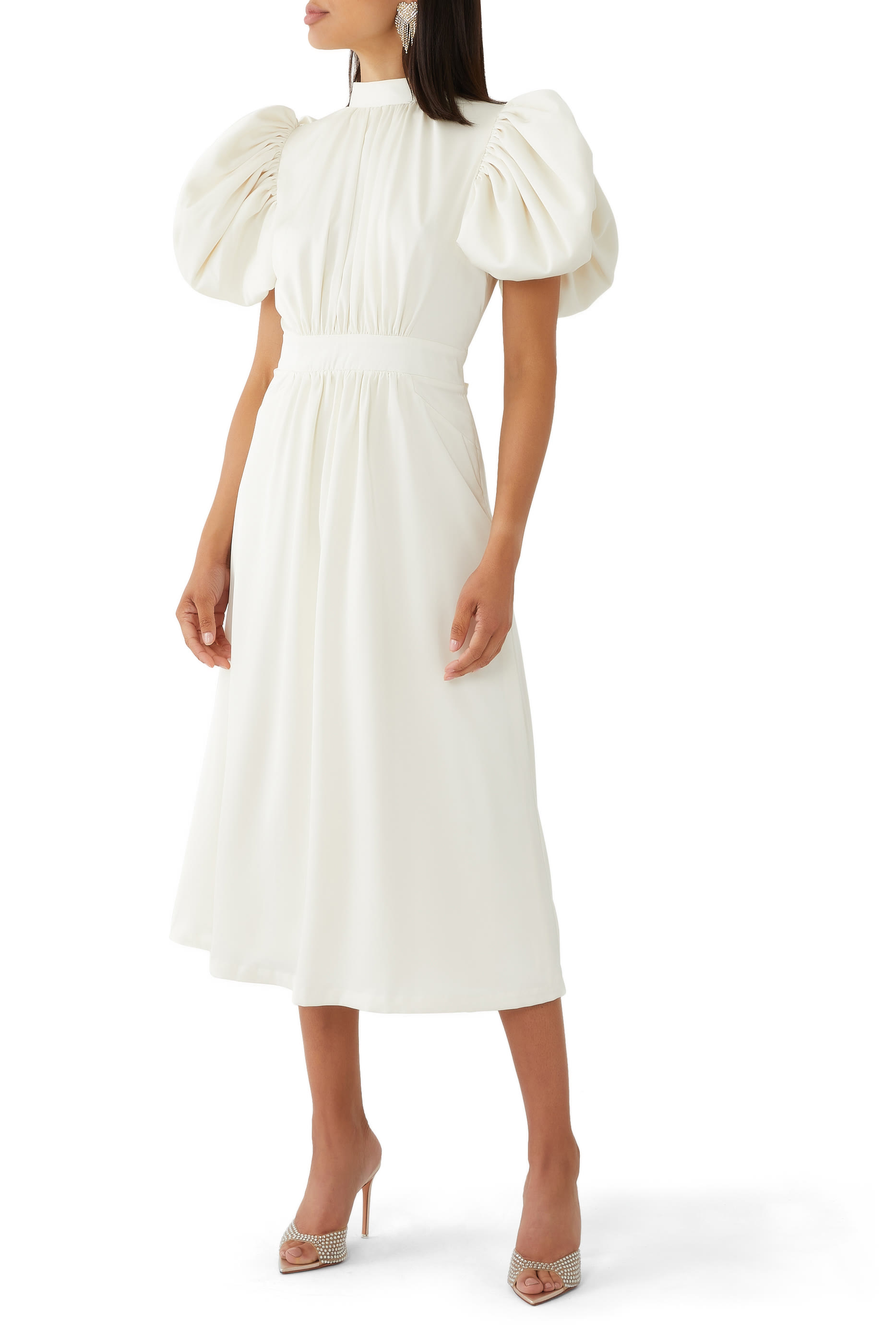 فستان متوسط الطول بأكمام منفوخة ستان