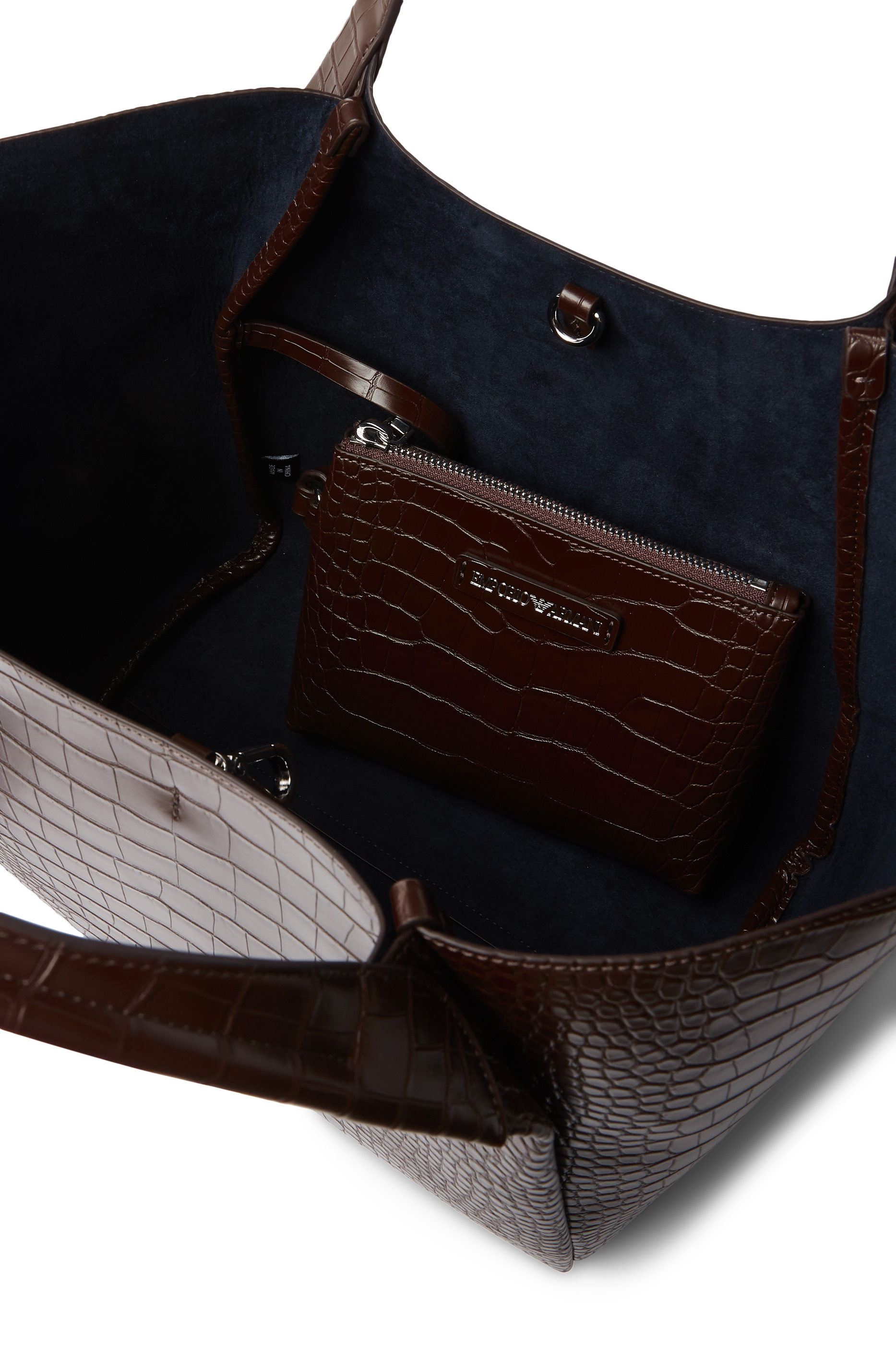 حقيبة يد بحلية شعار الماركة ونقشة جلد التمساح