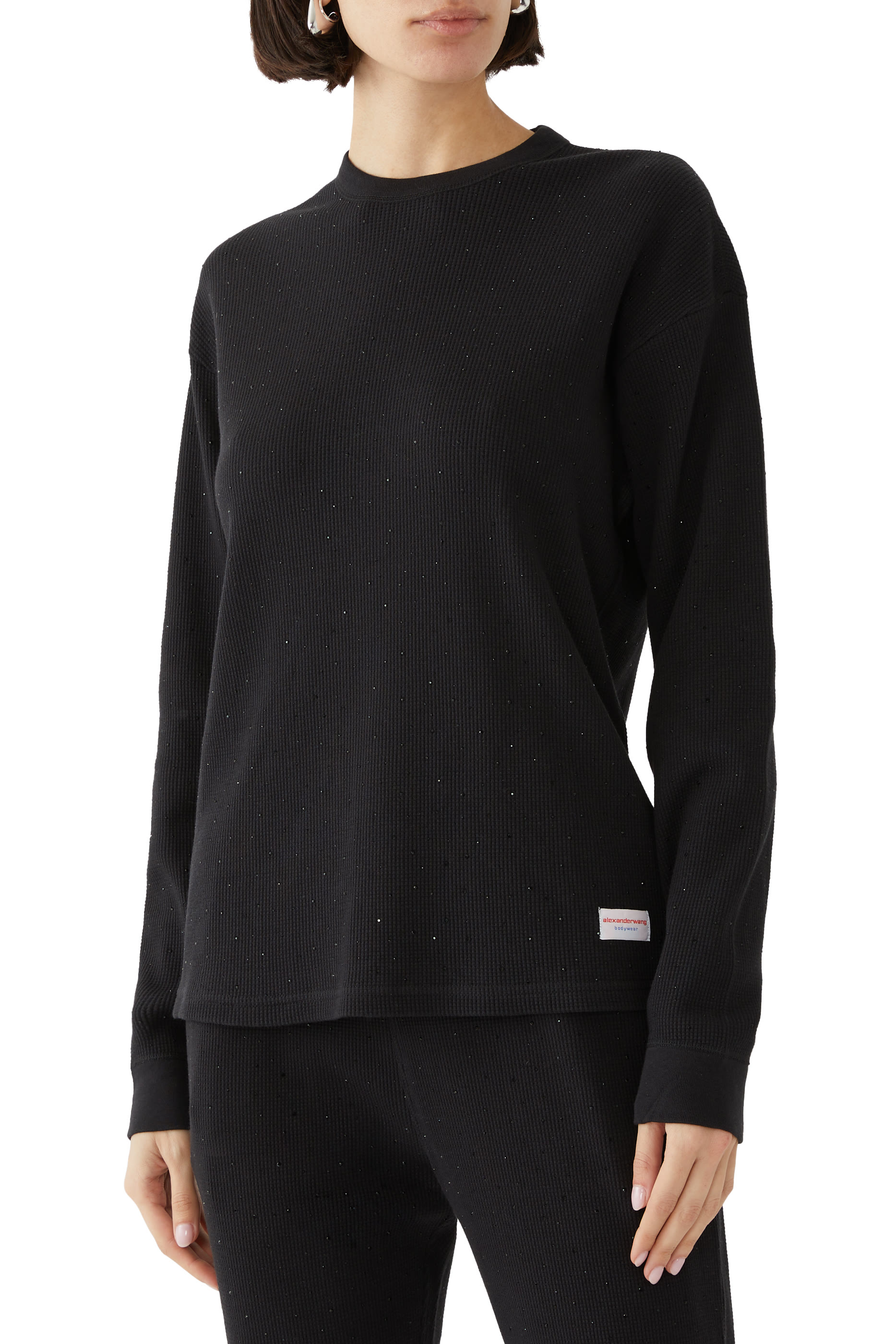 سويت شيرت  بأكمام طويلة وياقة ضيقة مزين بكريستال هوتفيكس