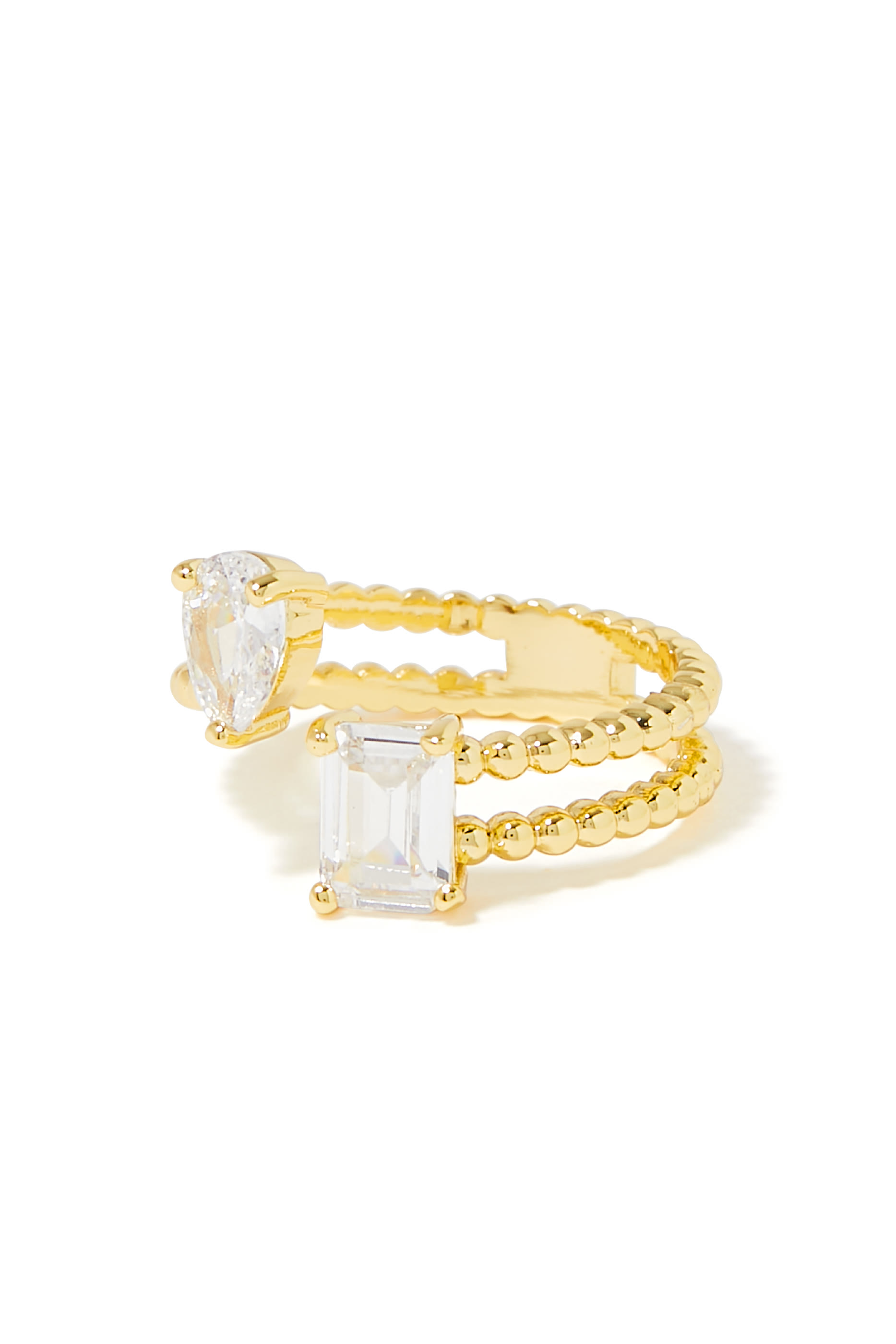 خاتم بتصميم سلسلة ملفوفة بكرات مرصع بأحجار زركونيا مكعبة بتصميم زمرد، نحاس مطلي بالذهب