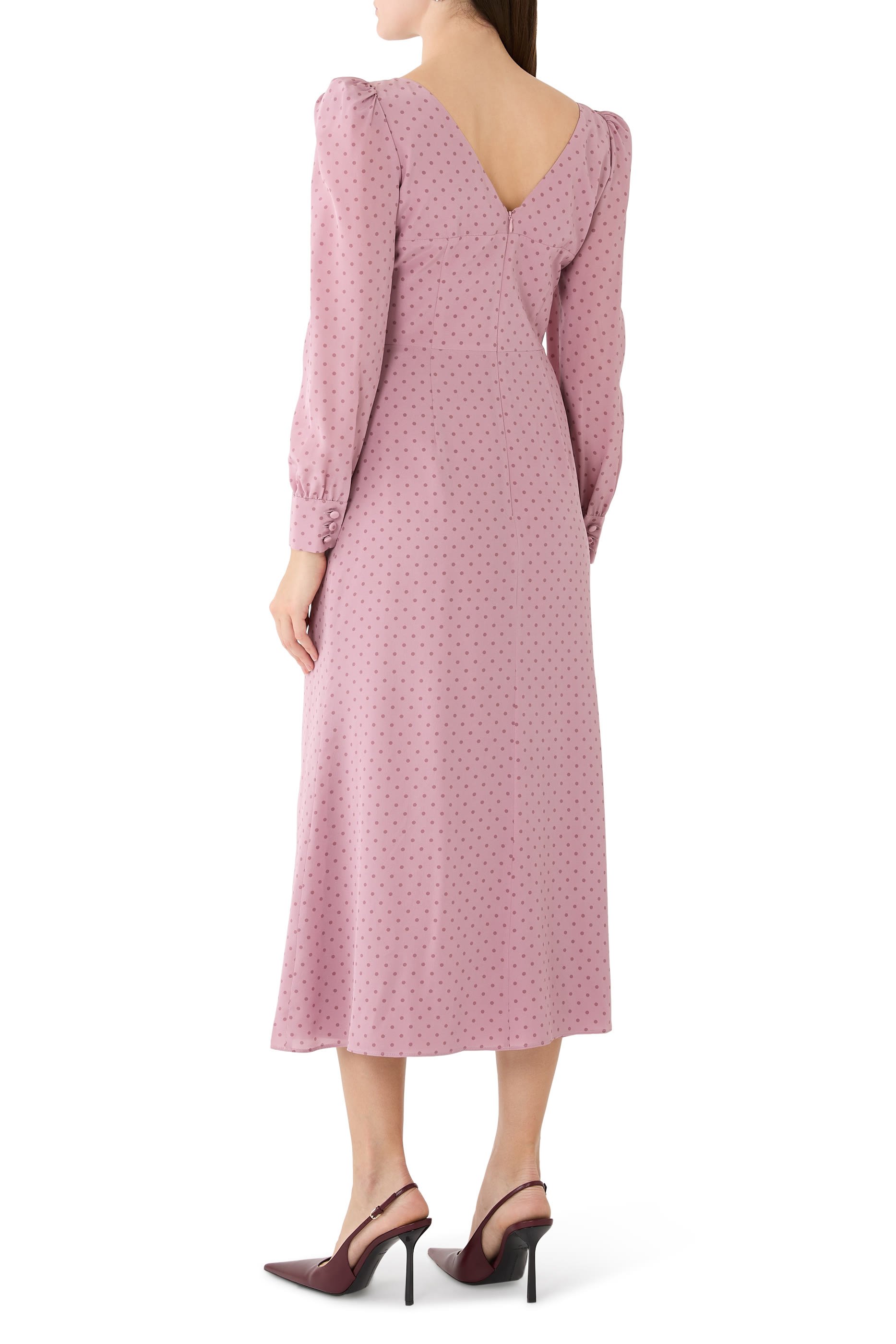 فستان متوسط الطول بنقشة نقاط وكشكش