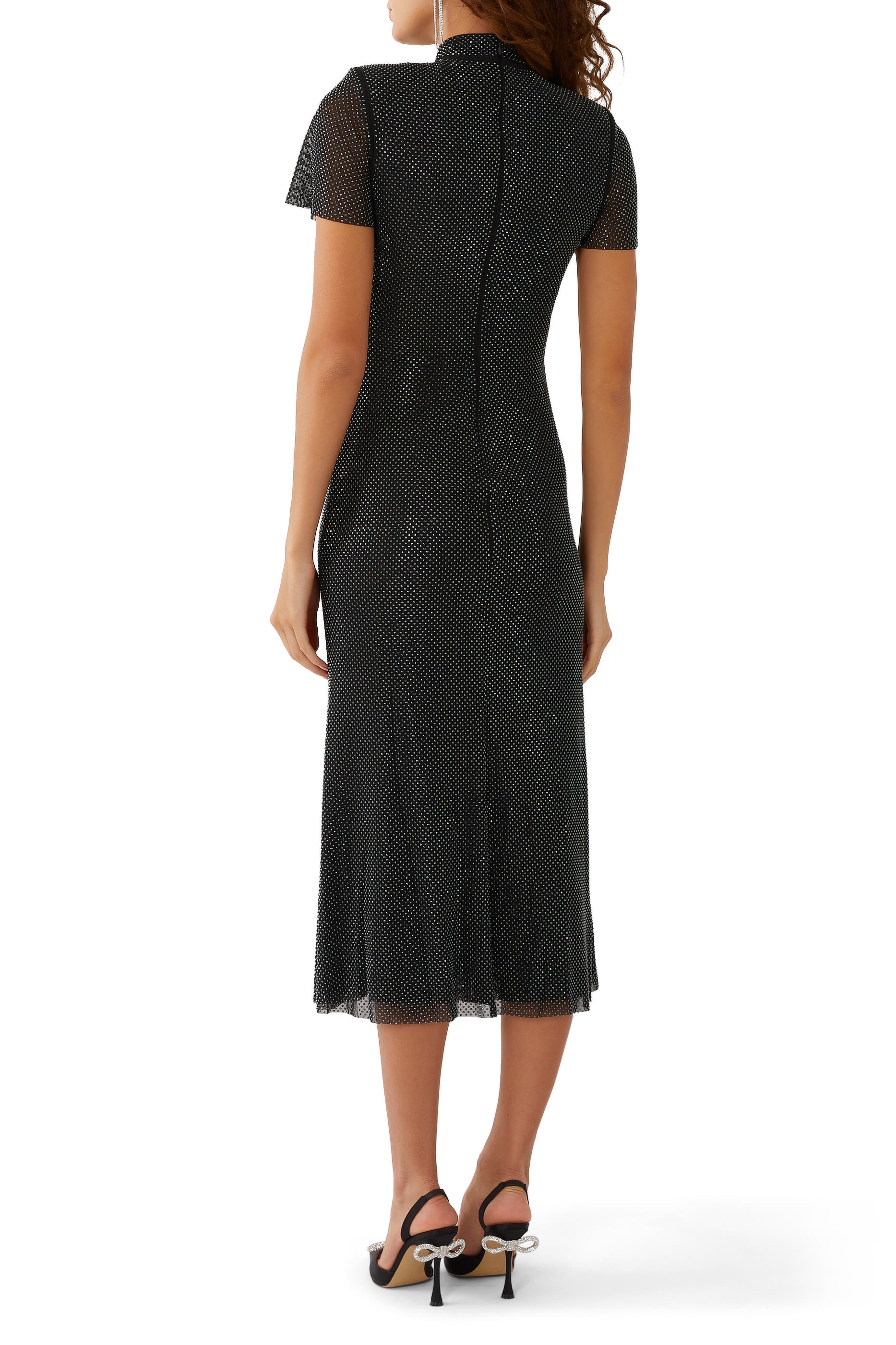 فستان متوسط الطول قماش شبكي بأحجار الراين