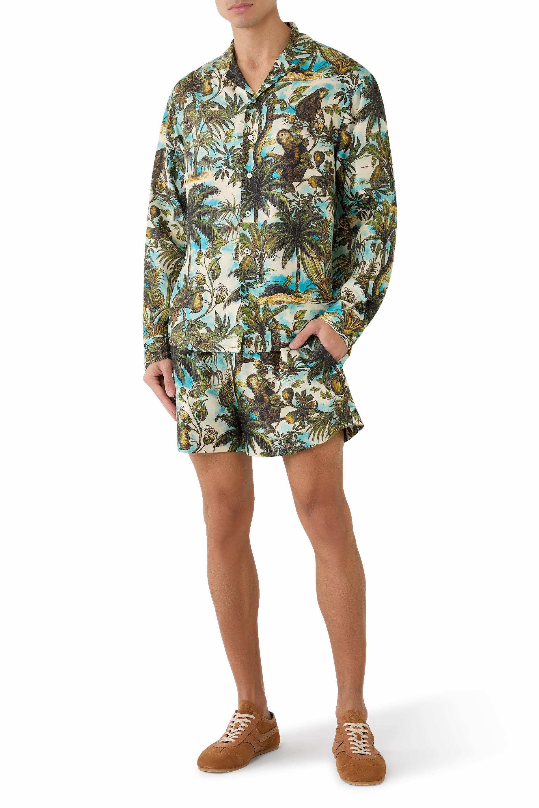 قميص بياقة مطوية ونقشات قرد