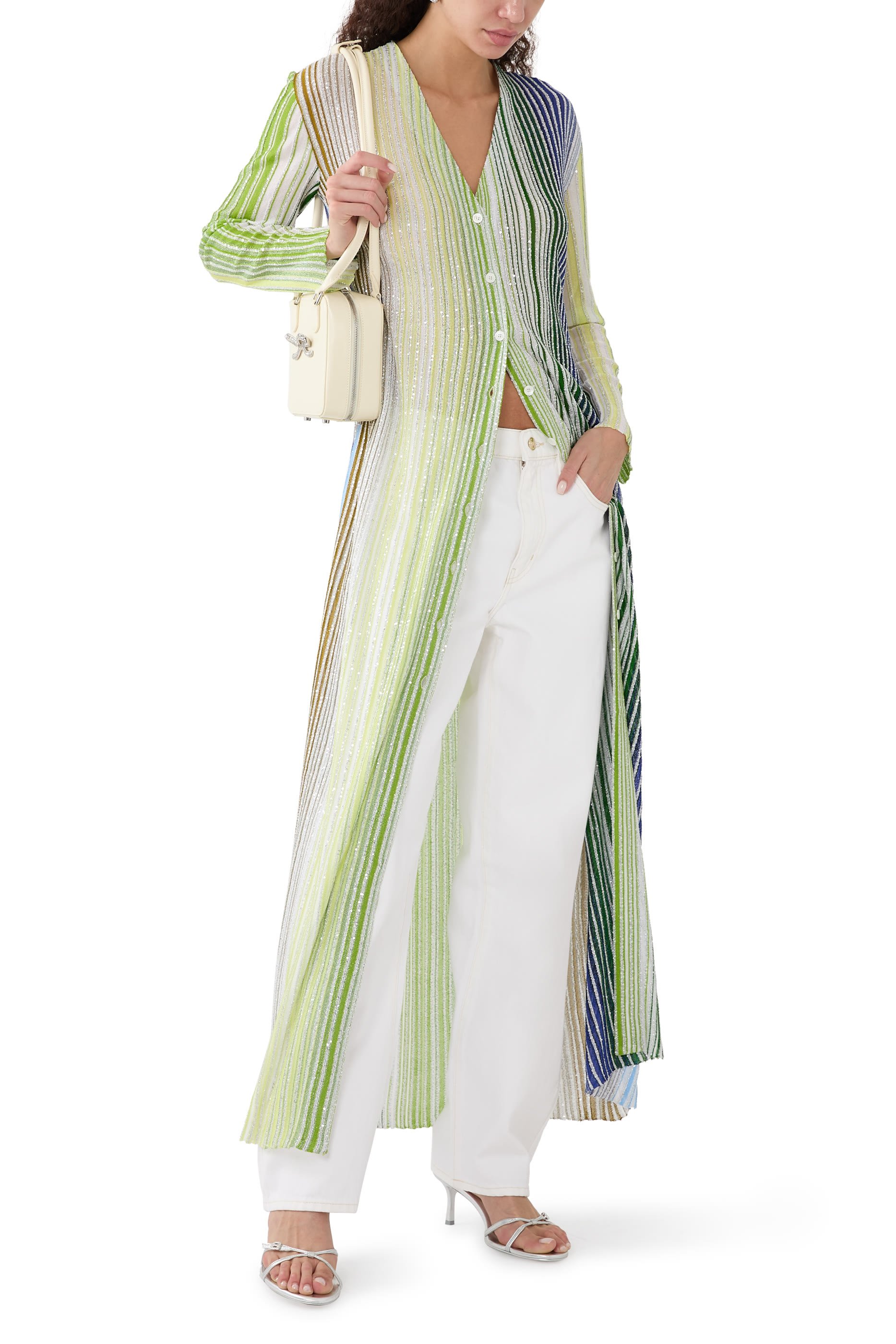 كارديغان طويل بأزرار نسيج مطرز جزئيا بالترتر