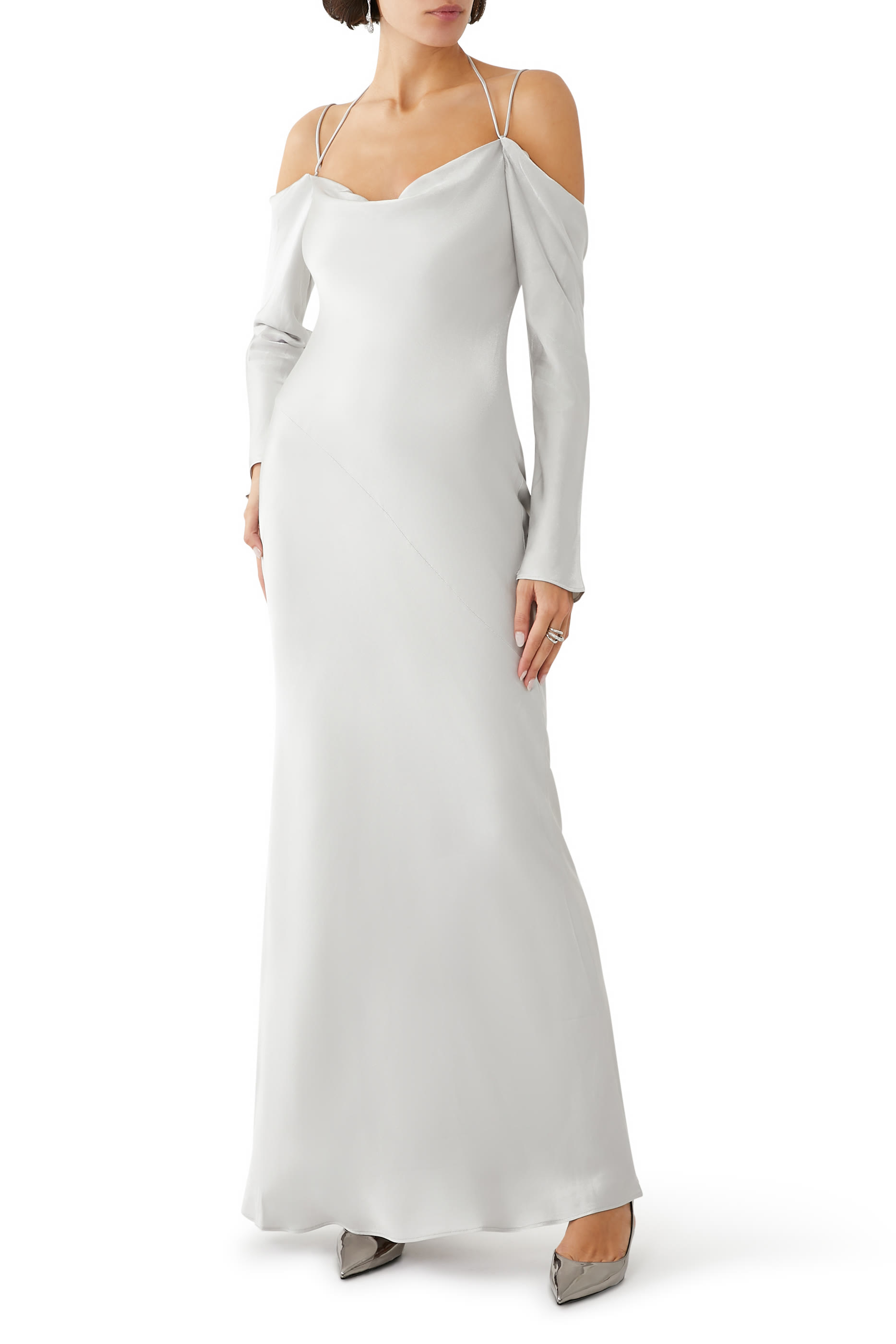 فستان صوفيا طويل بأكتاف متساقطة ورباط