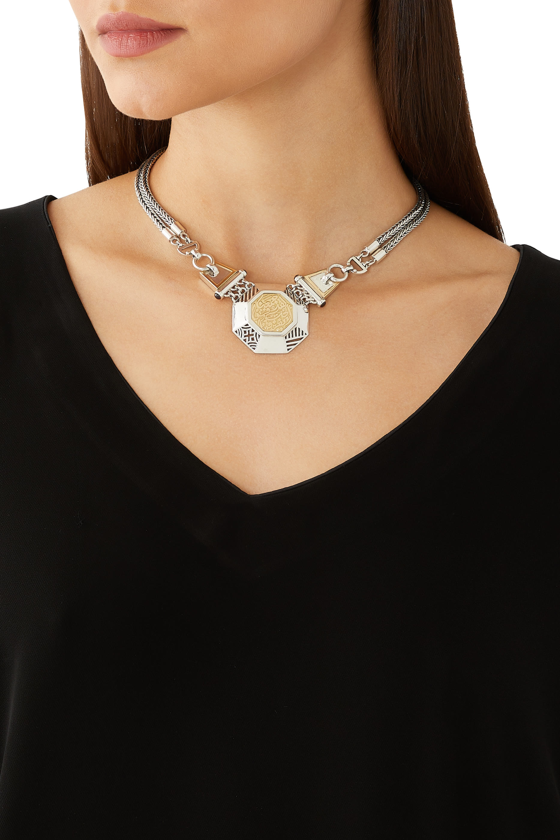 قلادة خليل جبران مرصعة بعقيق نور فضة إسترلينية وذهب أصفر عيار 18