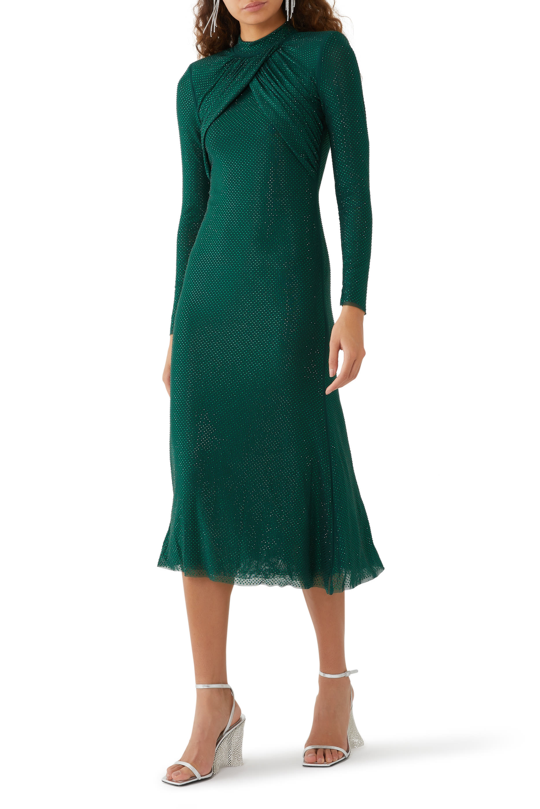 فستان متوسط الطول مزين بأحجار الراين قماش شبكي