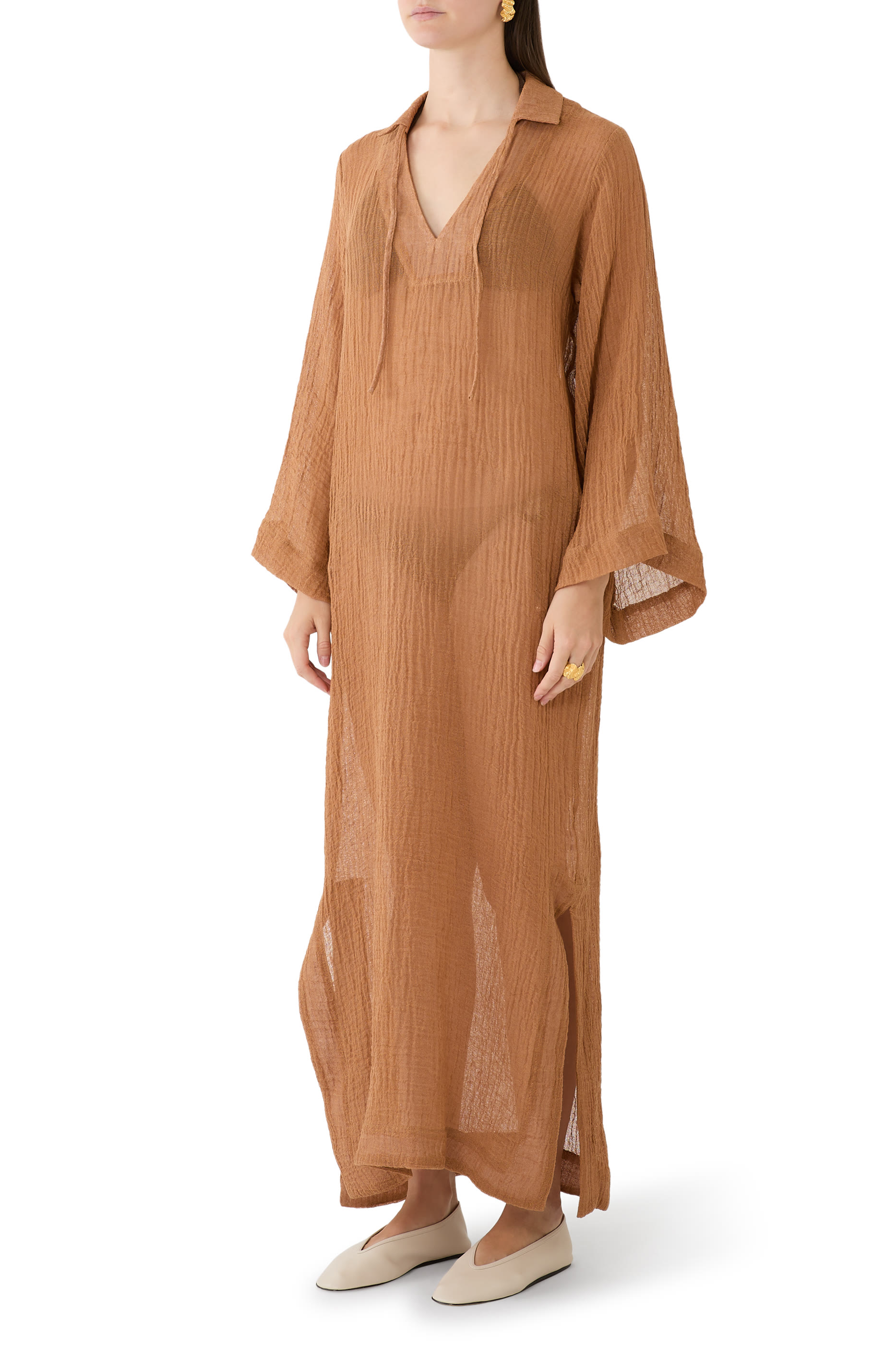 قفطان مزيج كتان متجعد خفيف الوزن