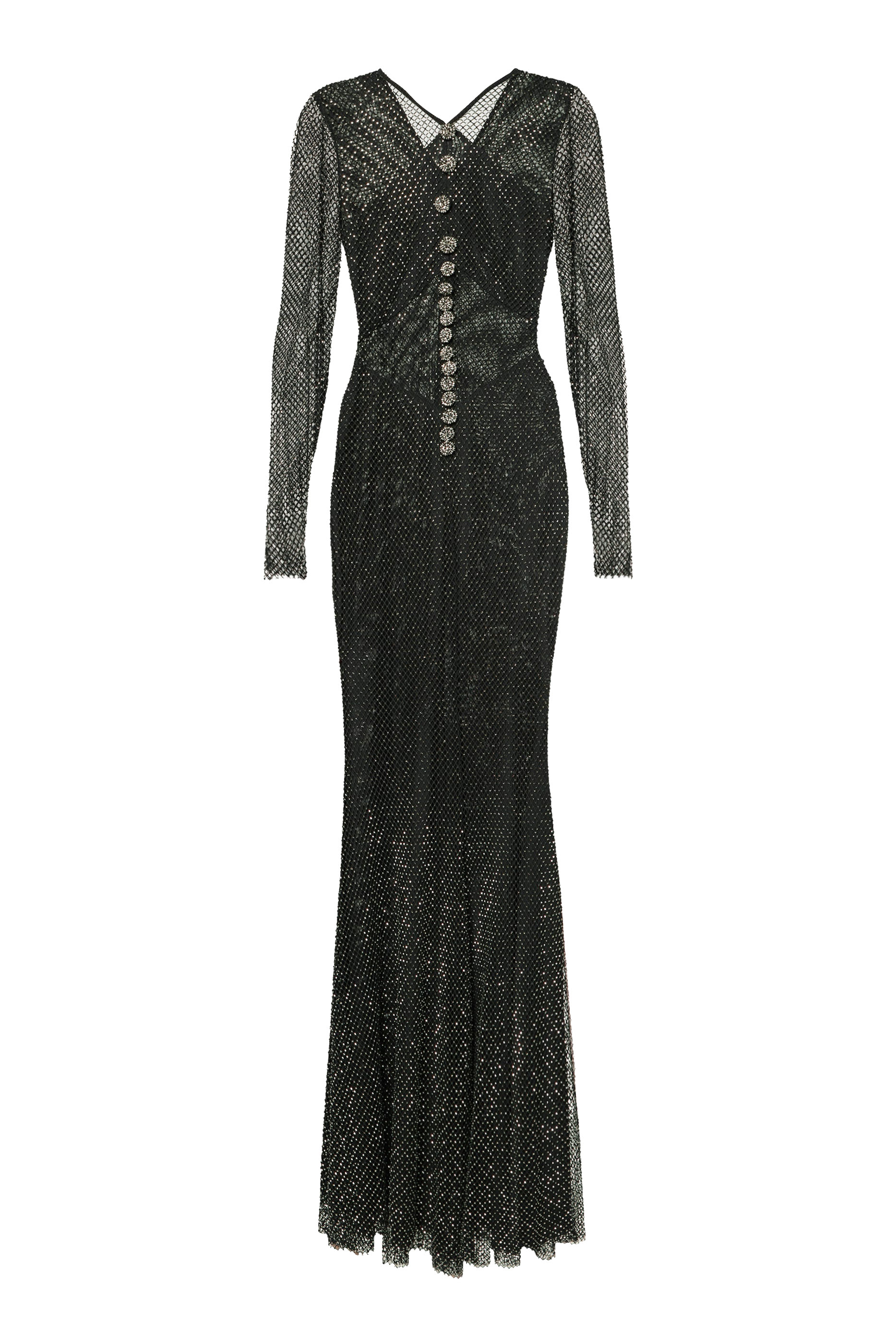 فستان طويل بتصميم متقاطع قماش شبكي مرصع بأحجار الراين