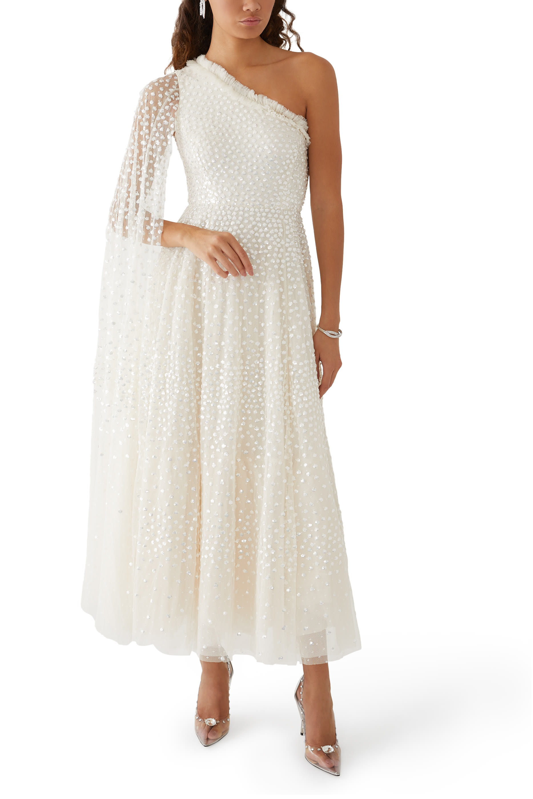 فستان سهرة بطول الكاحل بكتف واحد بتطريزات نقاط متناثرة