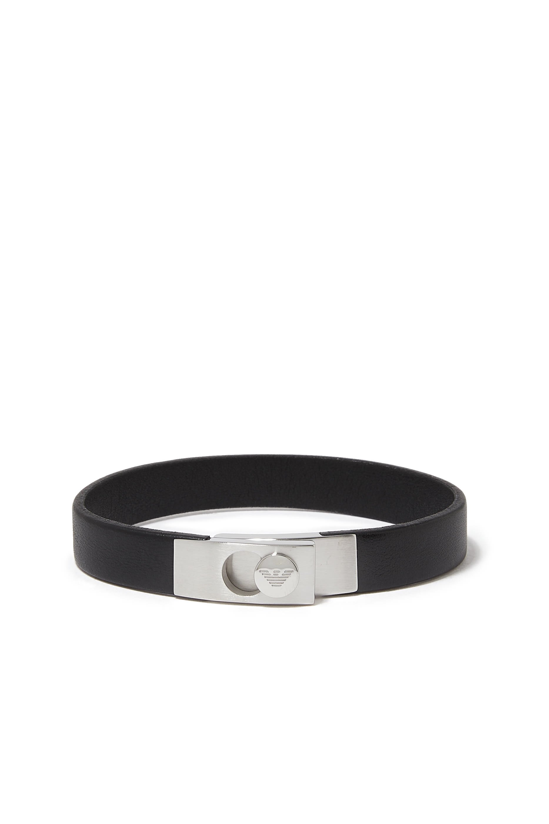 Stainless Steel & Black Leather Strap Bracelet