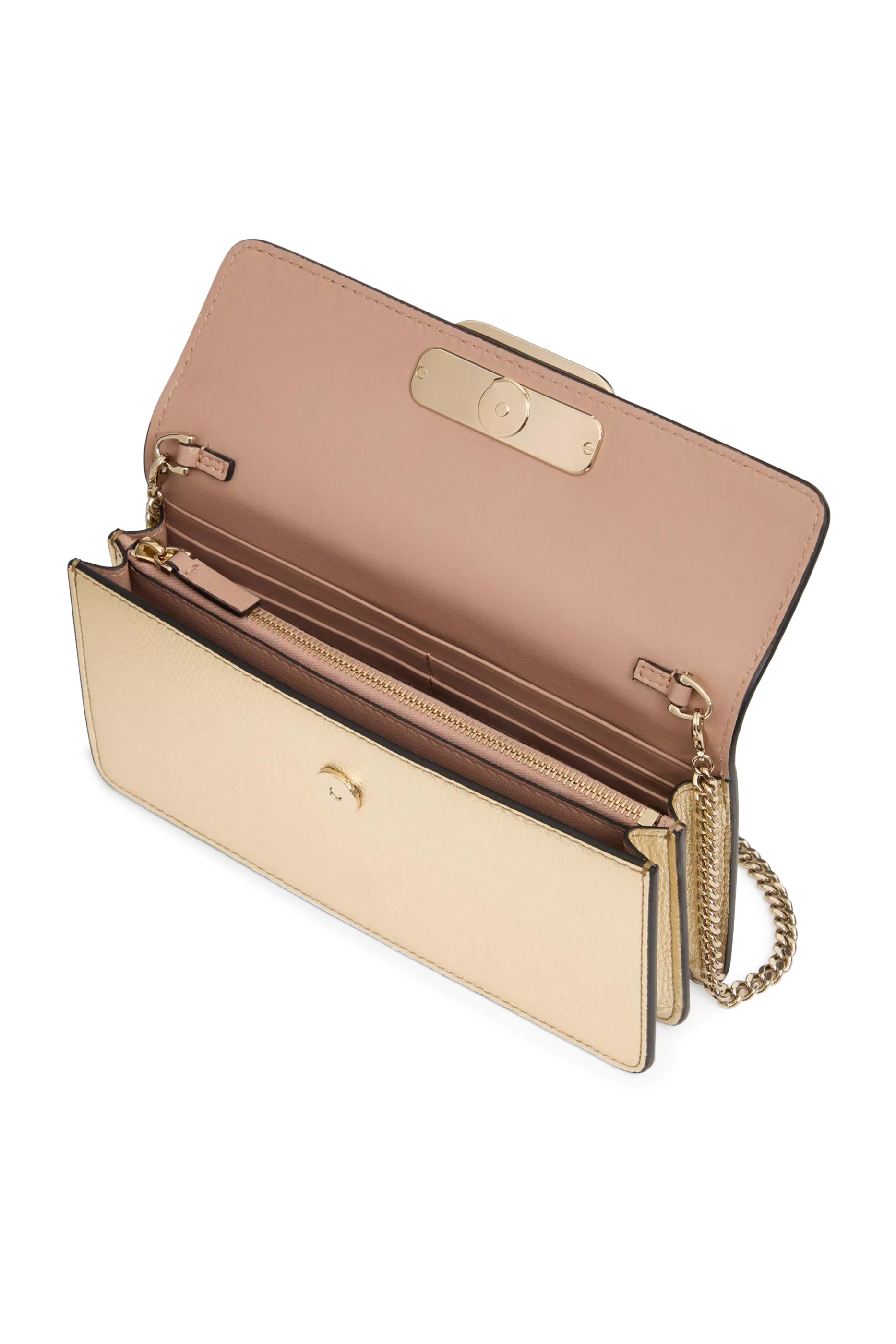 محفظة بسلسلة وحلية شعار الماركة جلد عجل لامع بارز الملمس