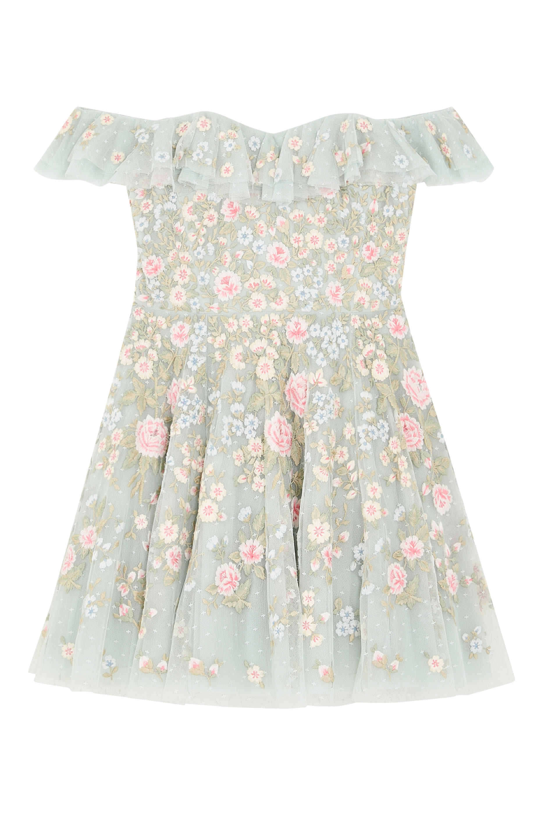 فستان أنطوانيت قصير بأكتاف مكشوفة وتطريزات زهور نسيج دقيق