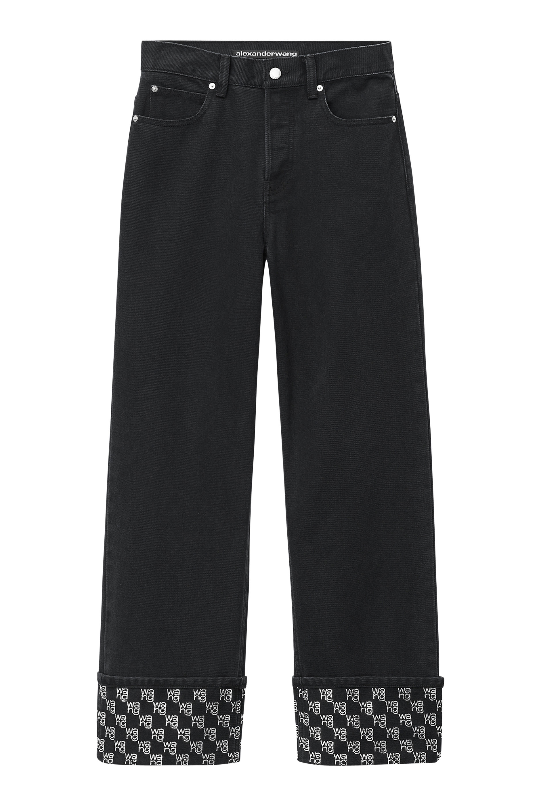 بنطال جينز بقصة ساق مستقيمة وحافة مرصعة بالكريستال