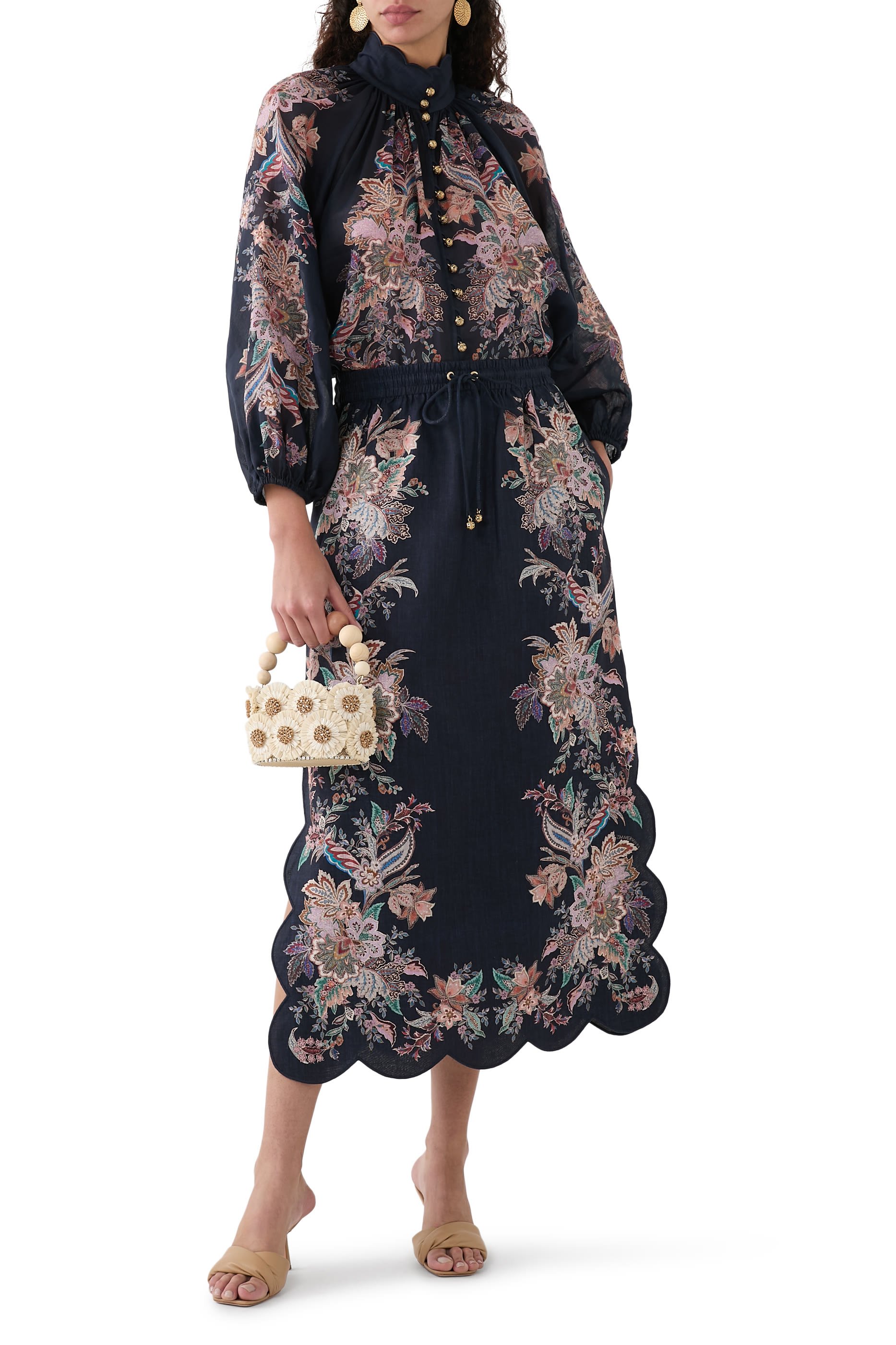 تنورة ريانون متوسطة الطول بحافة صدفية