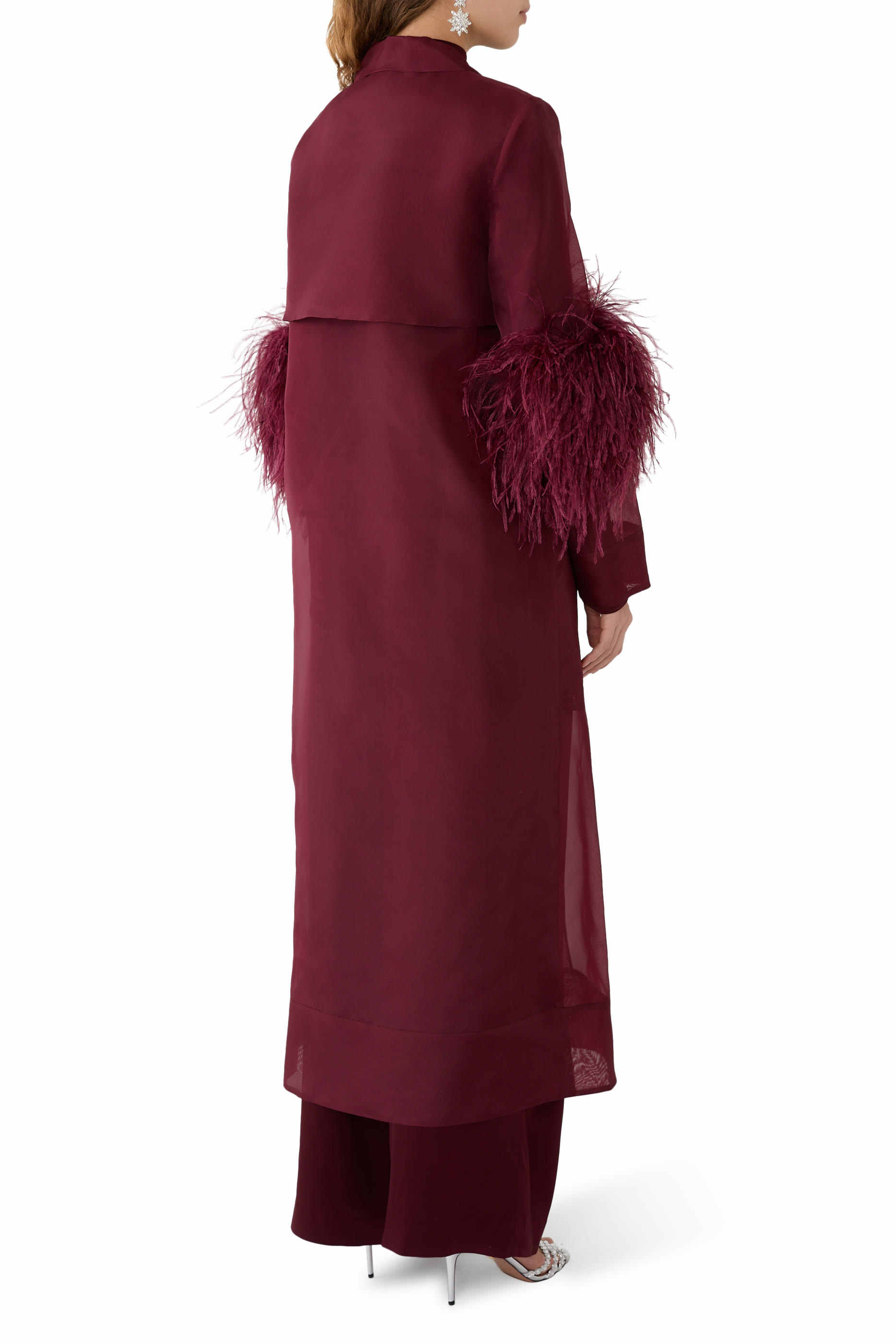 فستان داستر طويل شفاف أورجانزا مزين بالريش