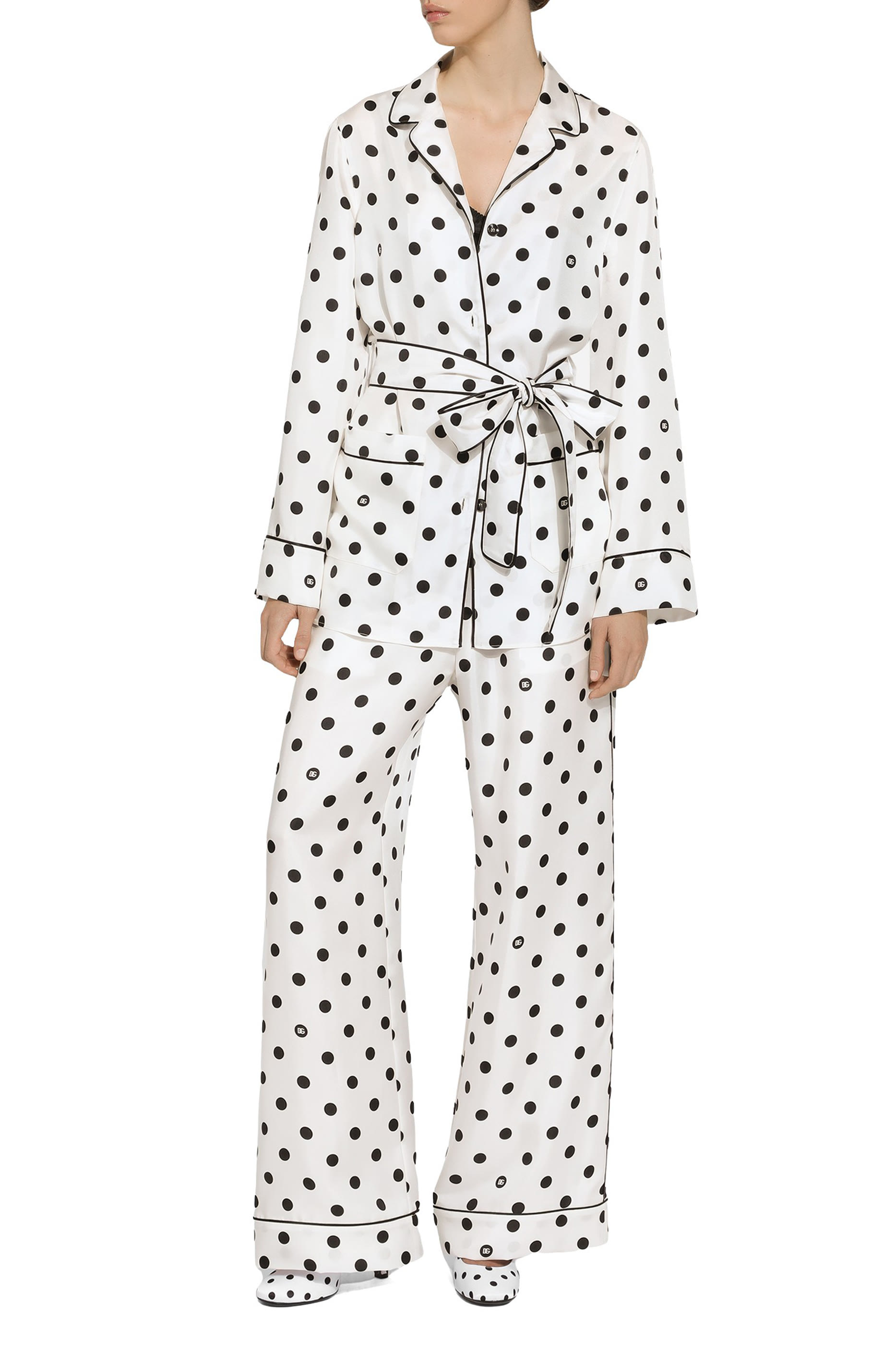 قميص بيجاما منقط بأكمام طويلة حرير