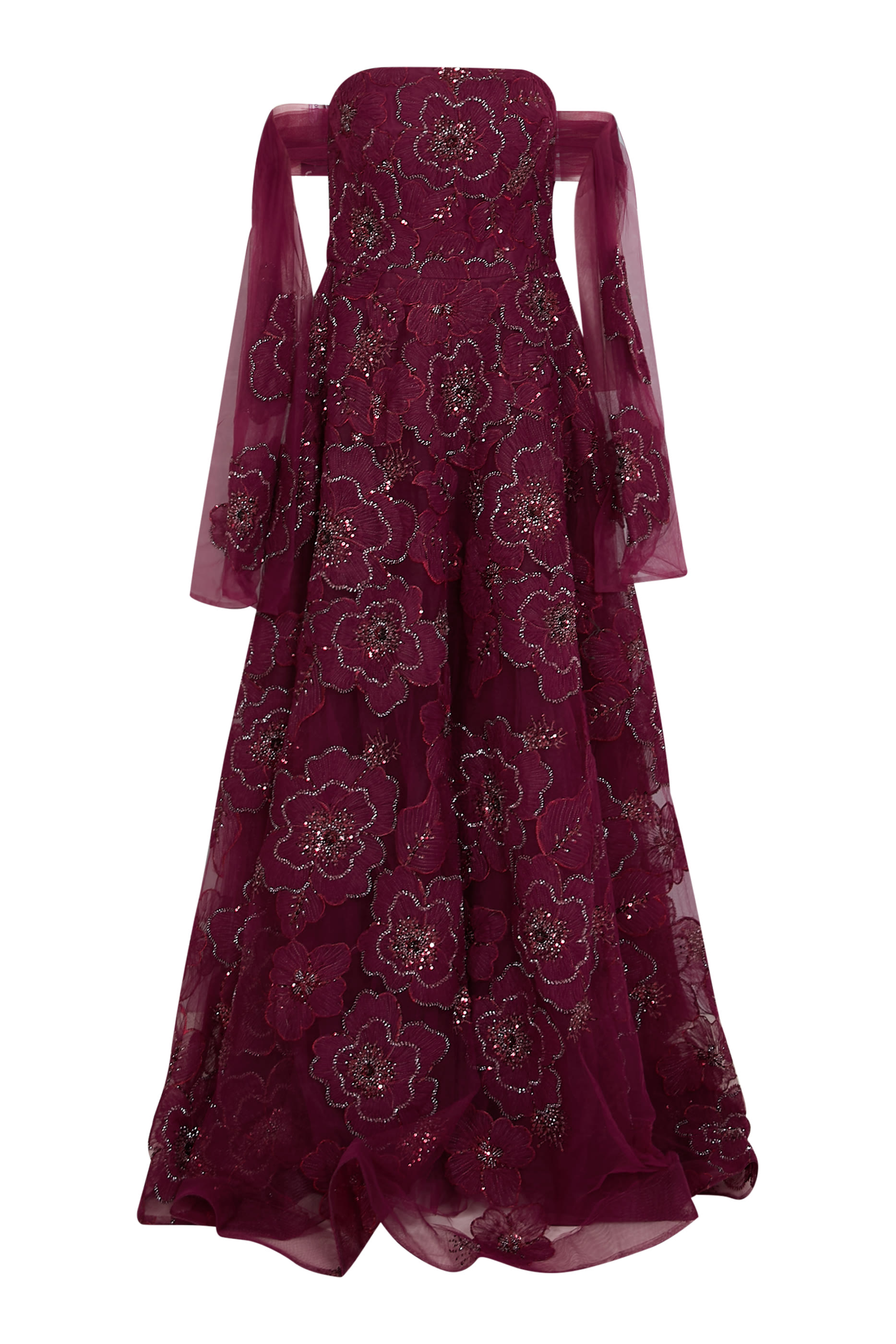 فستان سهرة بلا حمالات مزين بخرز وزهور بارزة الملمس