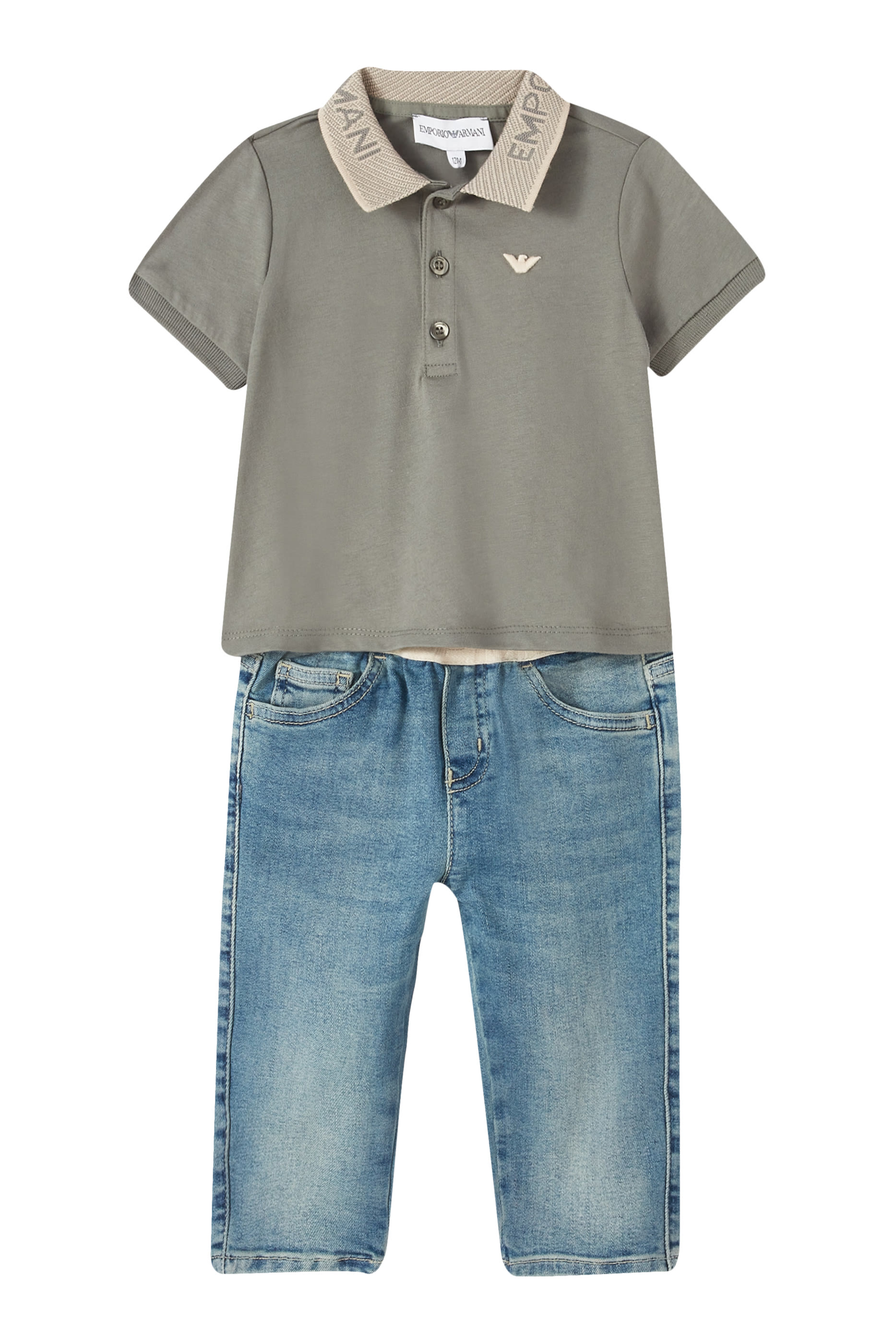 بنطال جينز دنيم بخصر مطاطي وشعار الماركة للأطفال