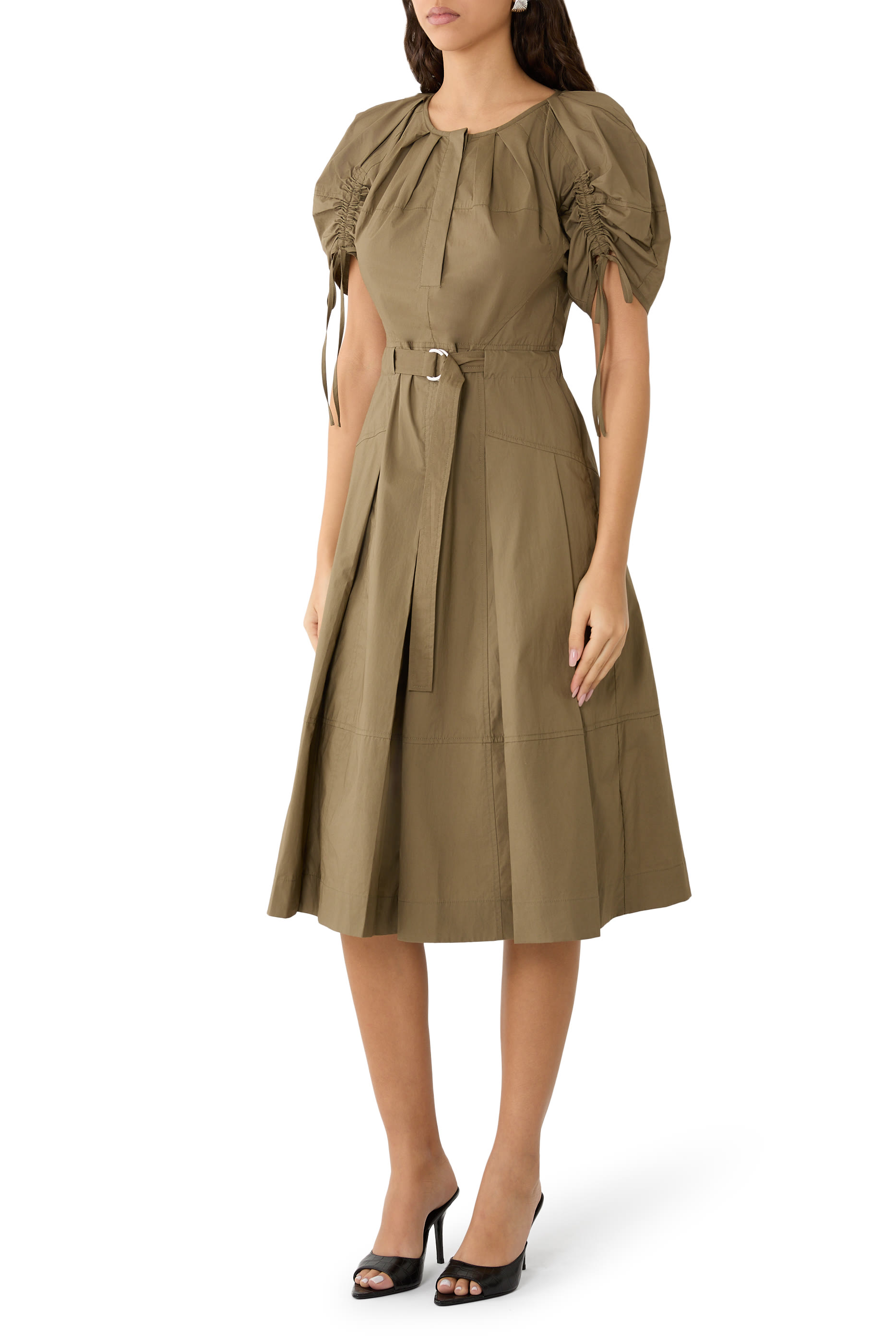 Poplin Ruched Sleeve Midi Dress