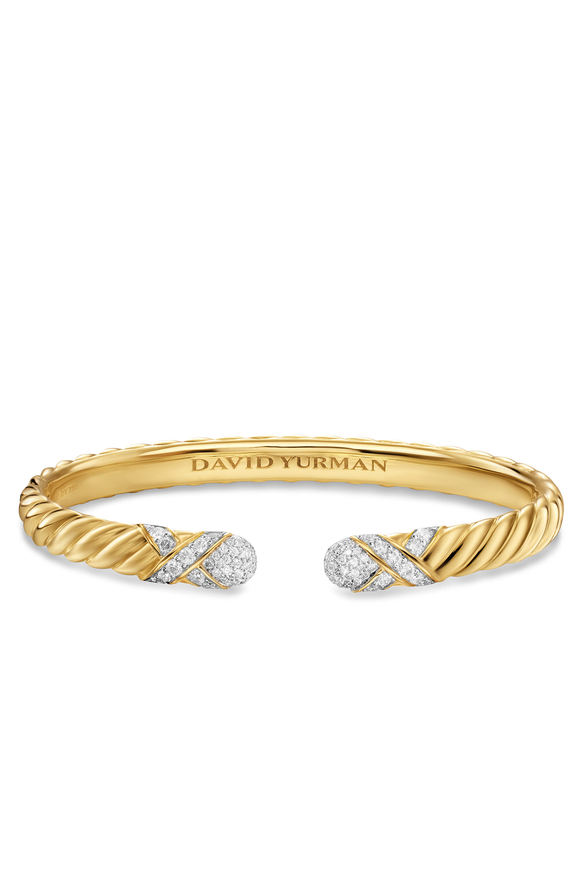 سوار كابل مفتوح اكس بتصميم منحوت مرصع بماس، ذهب أصفر عيار 18