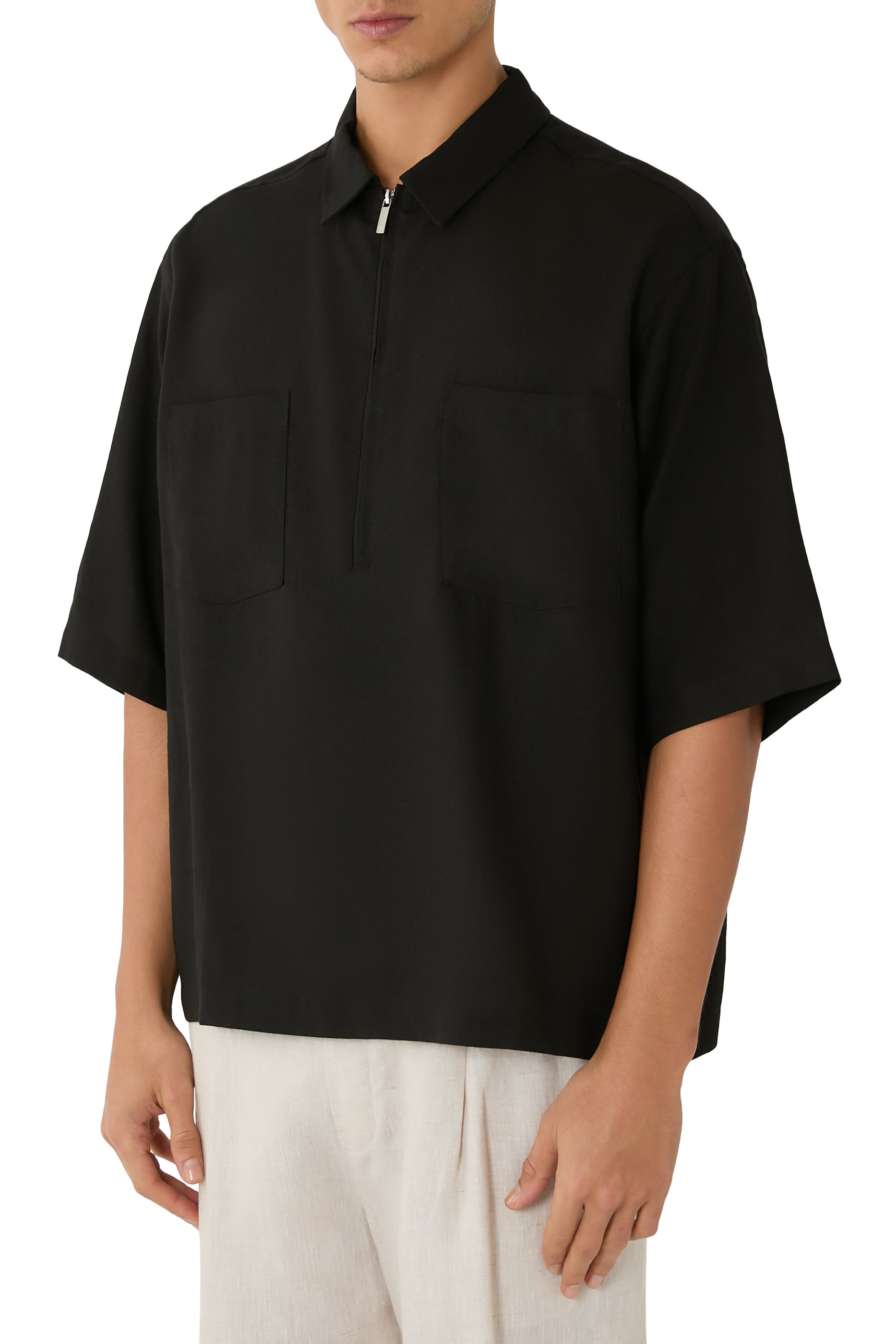 Pure Linen Shirt With Partial Zip