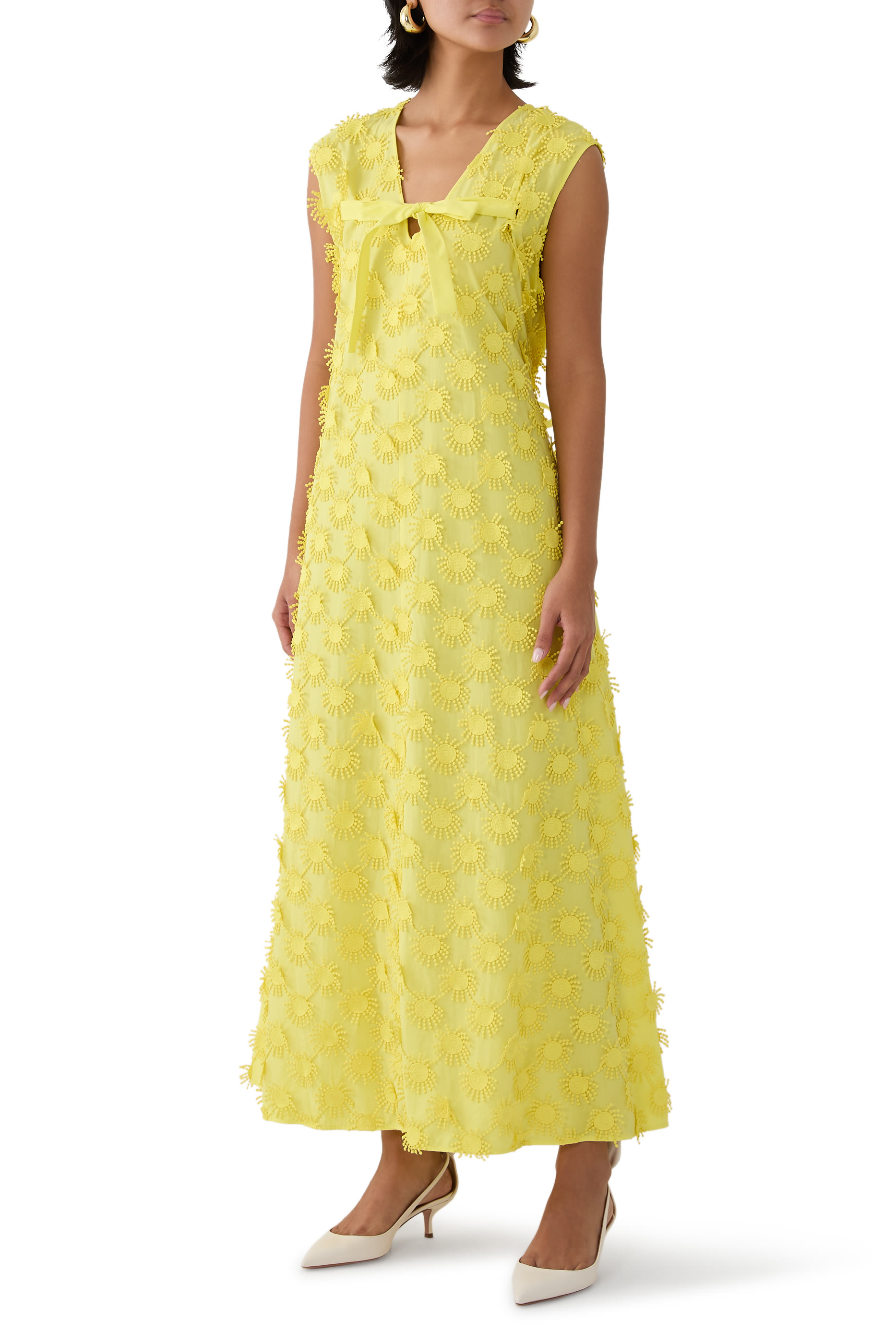 فستان متوسط الطول بتطريزات بوبلين