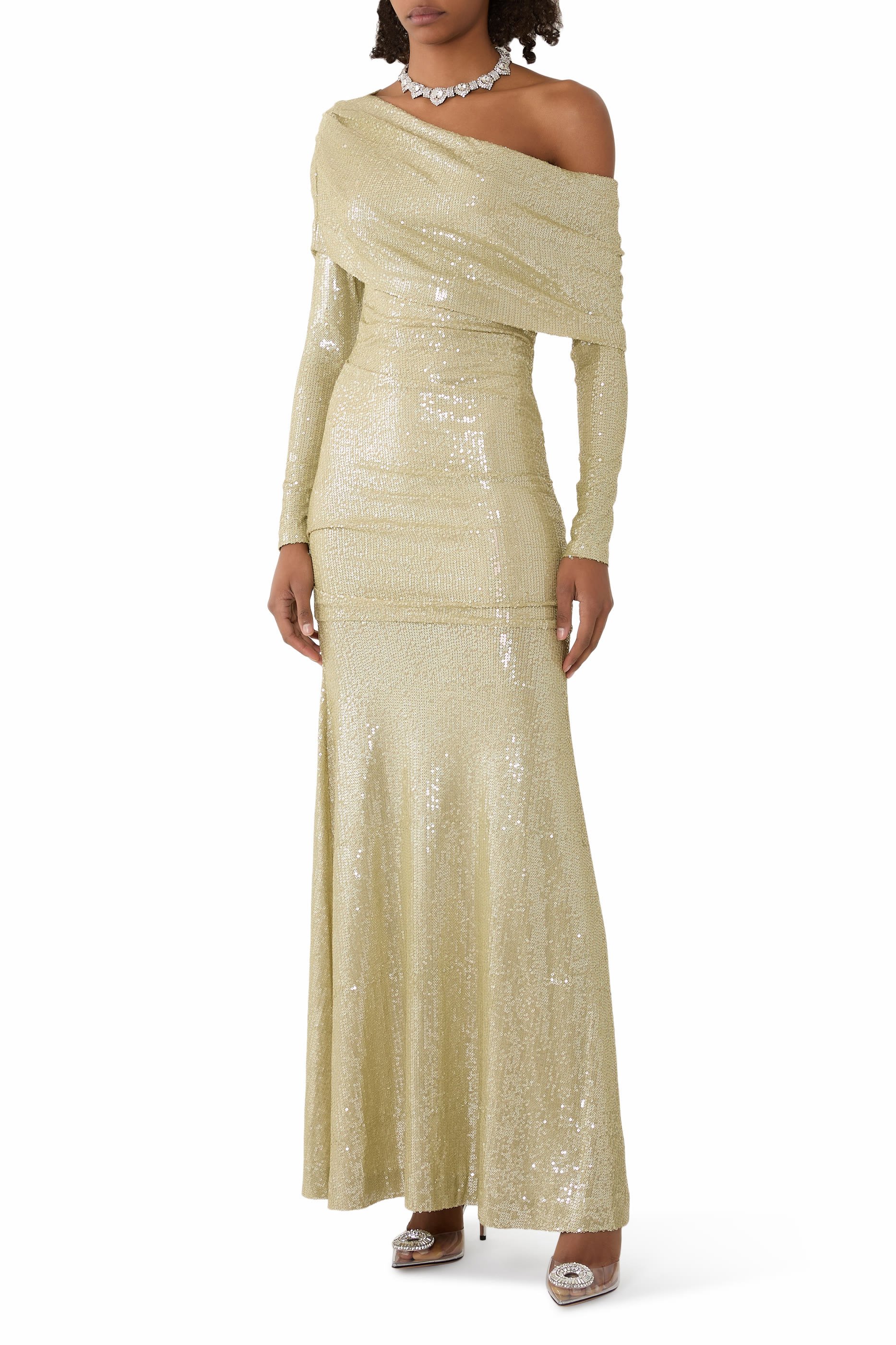 فستان سهرة نوفا بكتف مكشوف بطول الكاحل